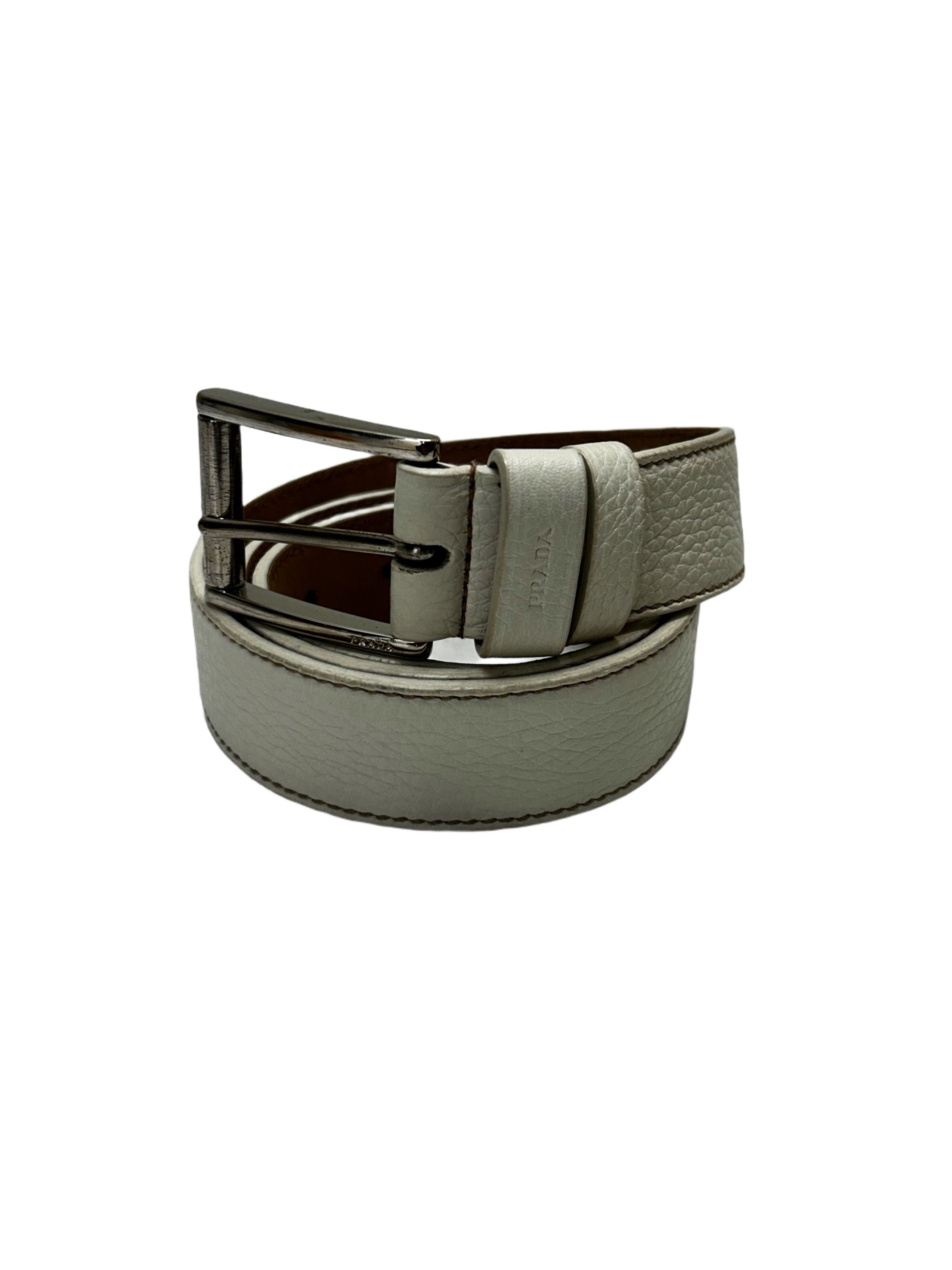 Prada Prada Off White Cervo Grain Leather Notch Buckle Belt Size 28 - 2 Thumbnail