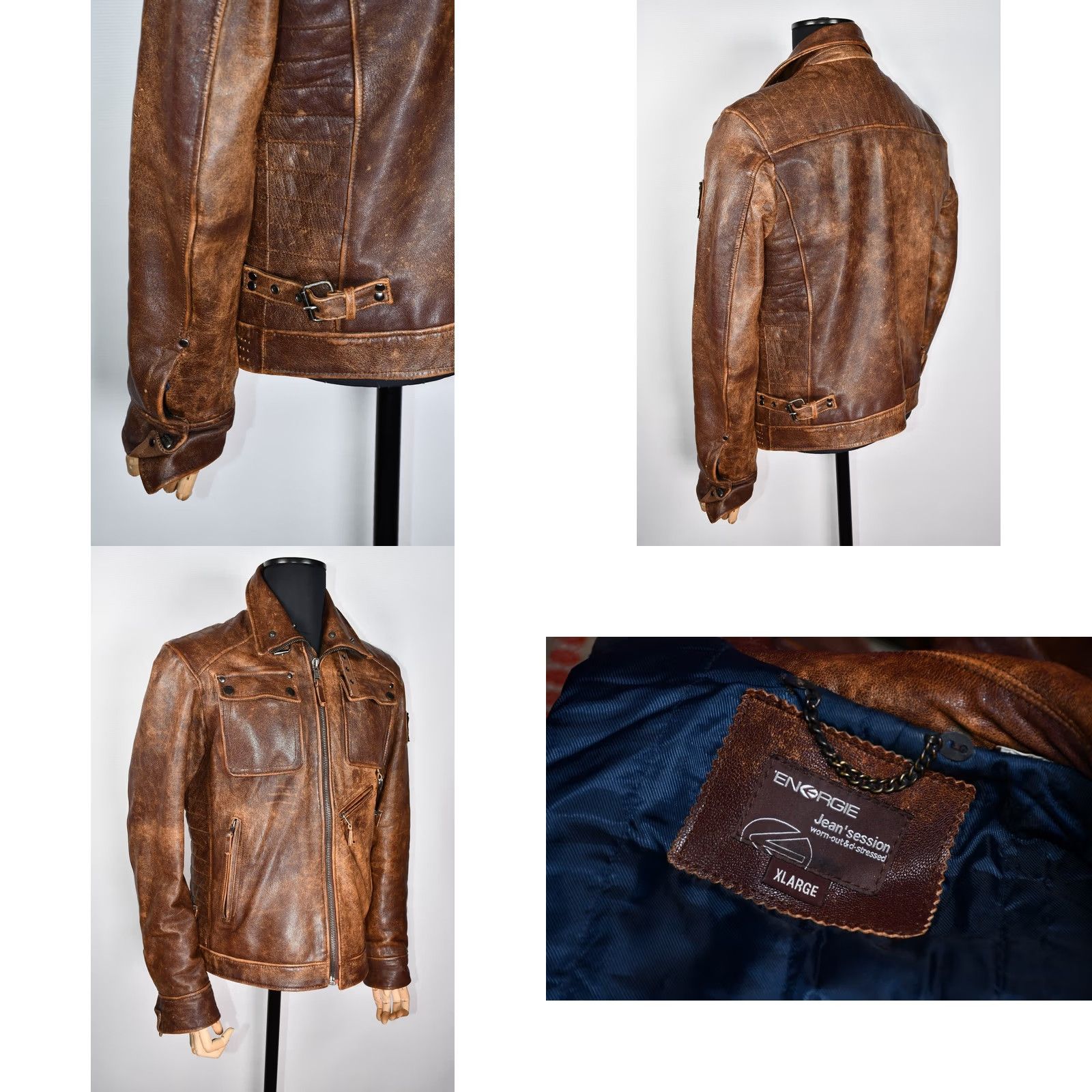 Energie VINTAGE Energie Men's Leather Distressed Biker Jacket XL XL Energie Jacket Men Brown 100% Leather Casua l (adjusted to fit rules) Size US XL / EU 56 / 4 - 9 Thumbnail