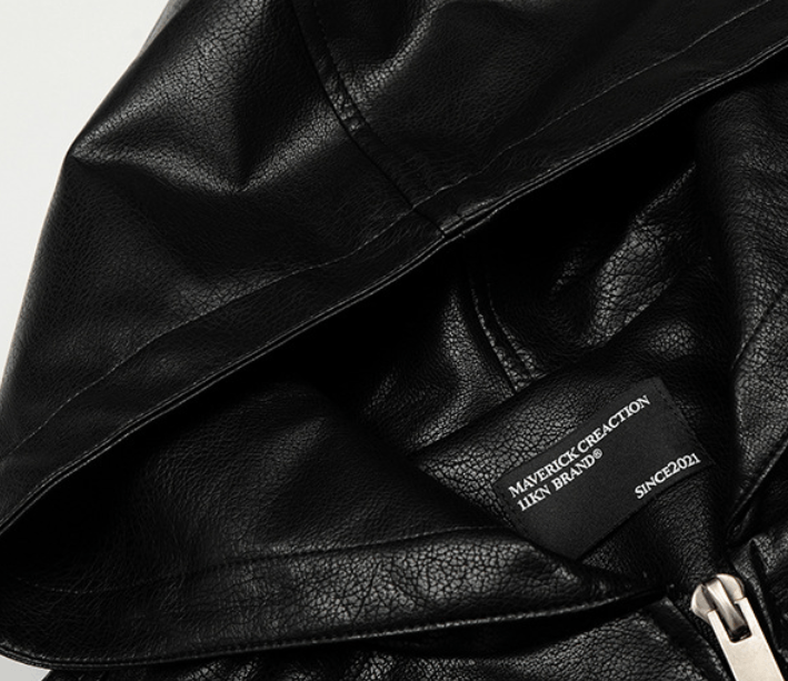 Japanese Brand Black Oversized Leather Hooded Jacket, Men's Outerwear Size US M / EU 48-50 / 2 - 6 Thumbnail