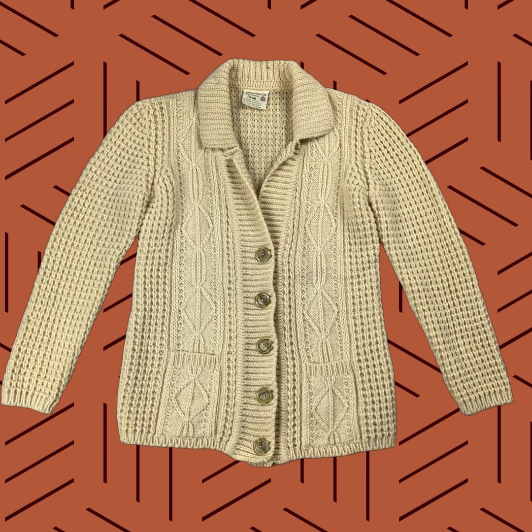 Vintage VINTAGE Gaeltarra Irish Wool Sweater Dress Womens 40" Ivory Chunky-Knit Fisherman Cardigan Fall Winter Size S / US 4 / IT 40 - 1 Thumbnail