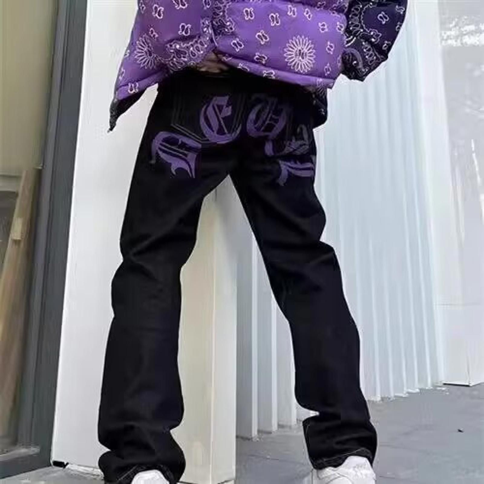 Vintage Black Straight Leg Denim Jeans with Purple Bandana Detail Size US 32 / EU 48 - 1 Thumbnail