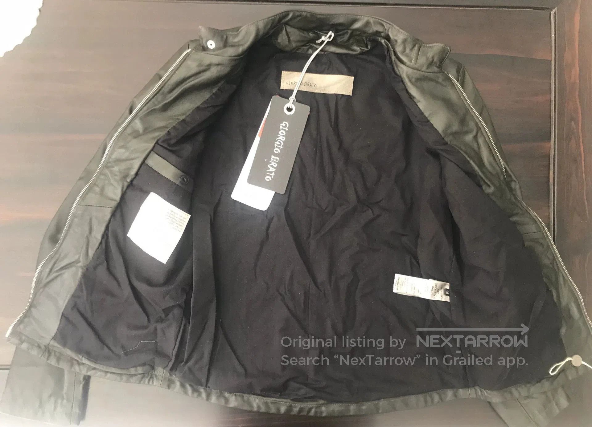 Giorgio Brato handcrafted dark green leather motorcycle jacket. Size US L / EU 52-54 / 3 - 6 Thumbnail