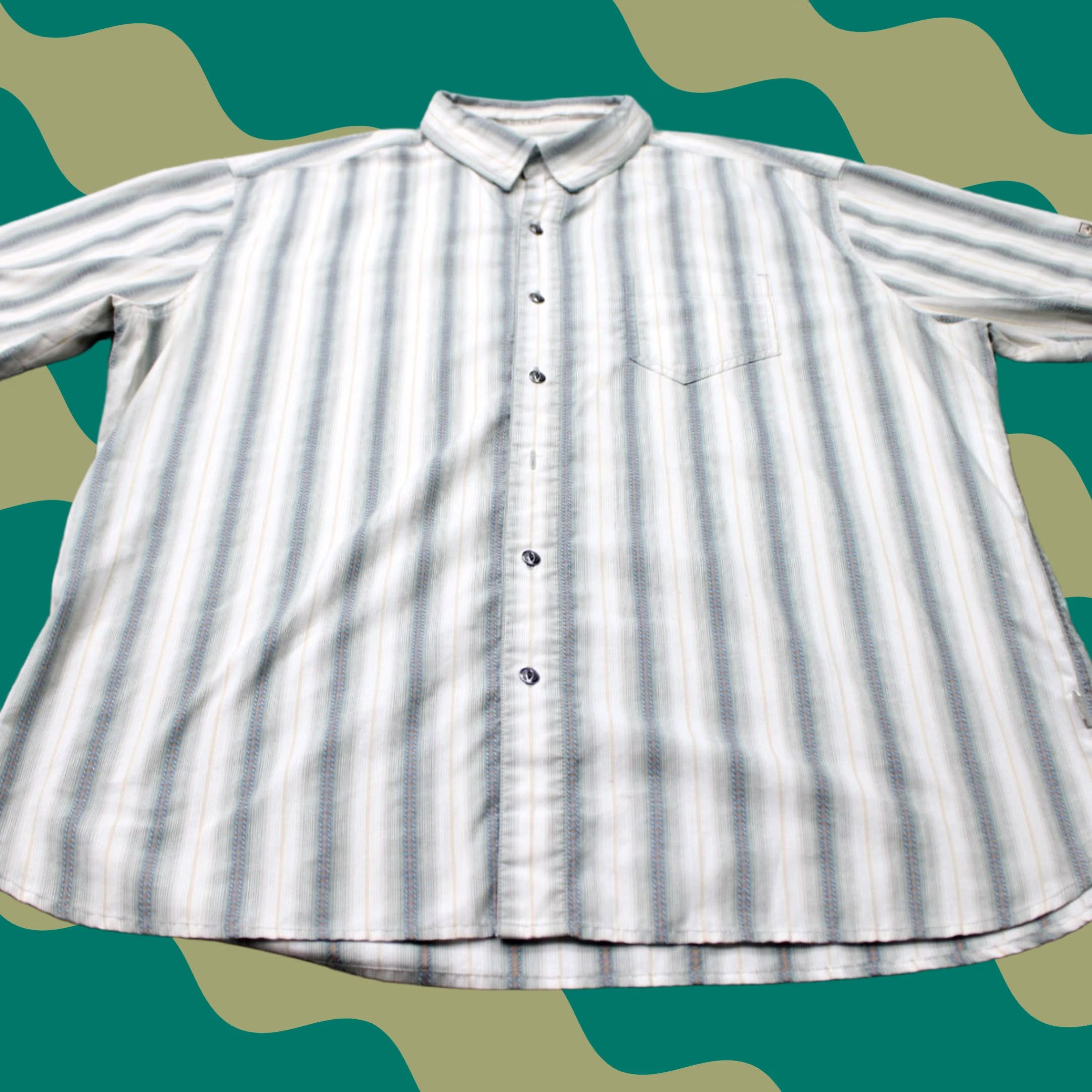 Vintage Kuhl Bohemian Shirt Mens XL Striped 100% Cotton Short Sleeve Beige/Blue Button-Up Cap/Collar Spread Casual Workwear Travel Size US XL / EU 56 / 4 - 1 Thumbnail
