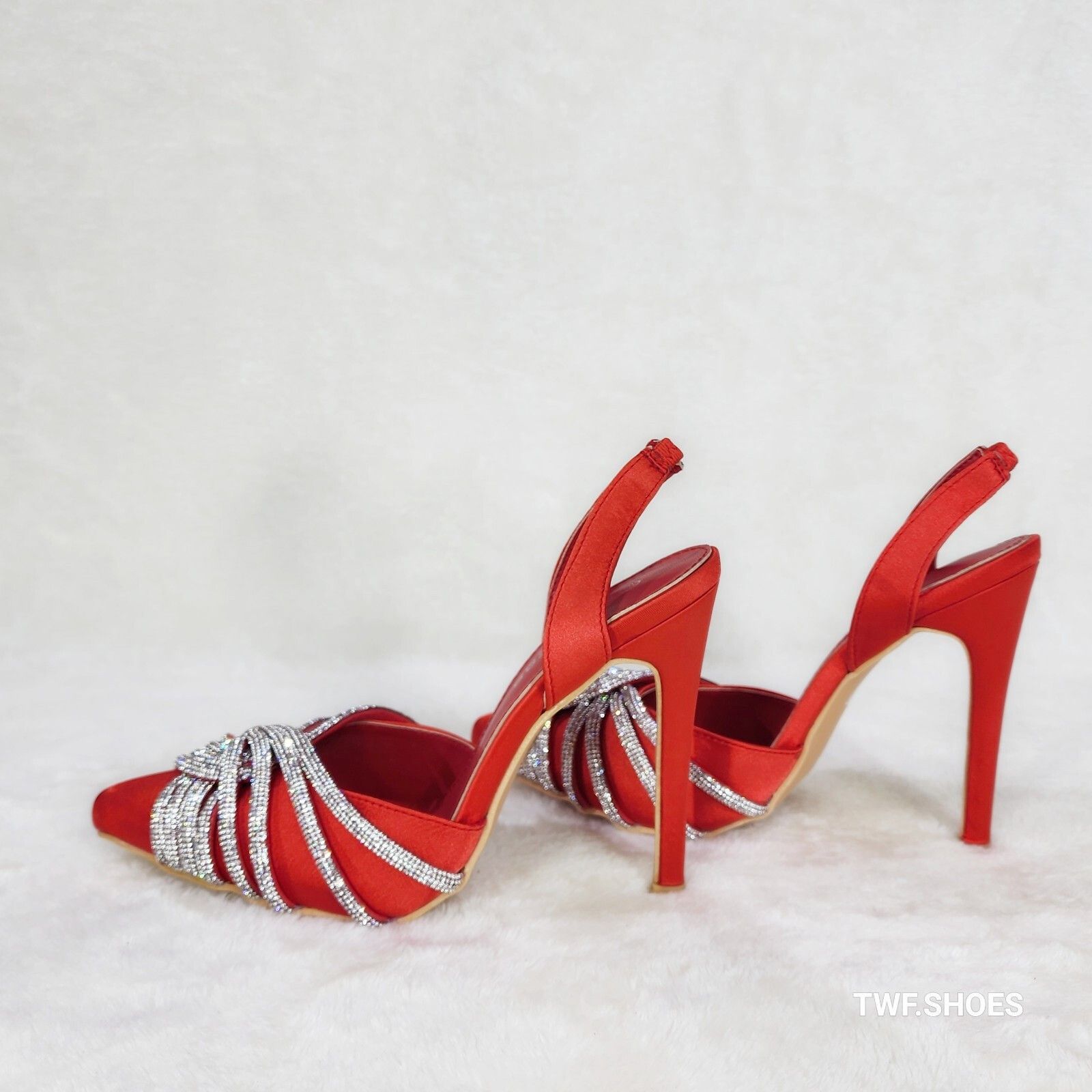 Other Elegance Slip on Slingback Red Satin Rhinestone Pointy Toe H Size US 7 / IT 37 - 4 Thumbnail