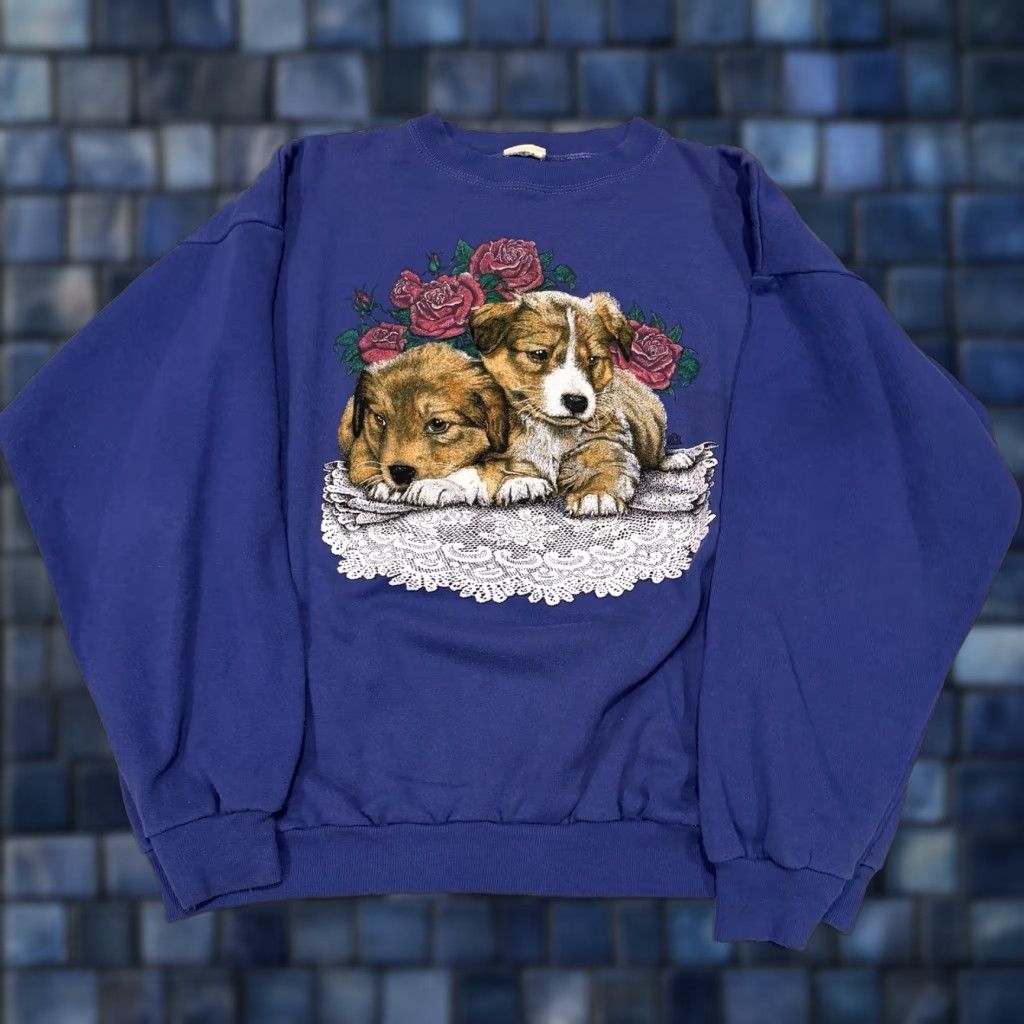 Vintage VINTAGE Puppy Dog Flowers Sweatshirt Crewneck Mens XL BLUE Sweatshirt Size US XL / EU 56 / 4 - 1 Thumbnail
