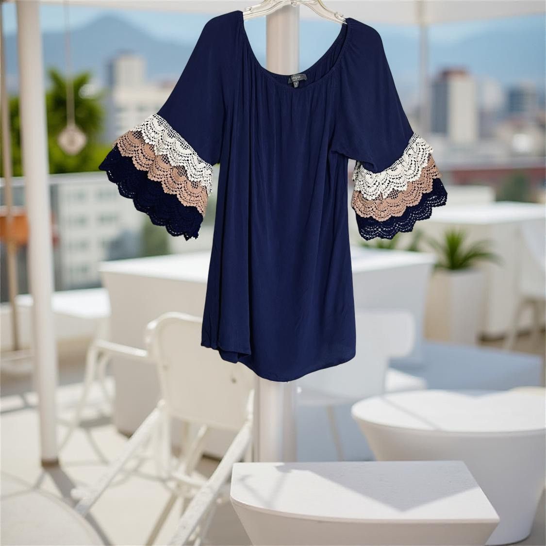 Other Navy Blue Minidress with Crocheted Bell Sleeves Size S / US 4 / IT 40 - 1 Thumbnail