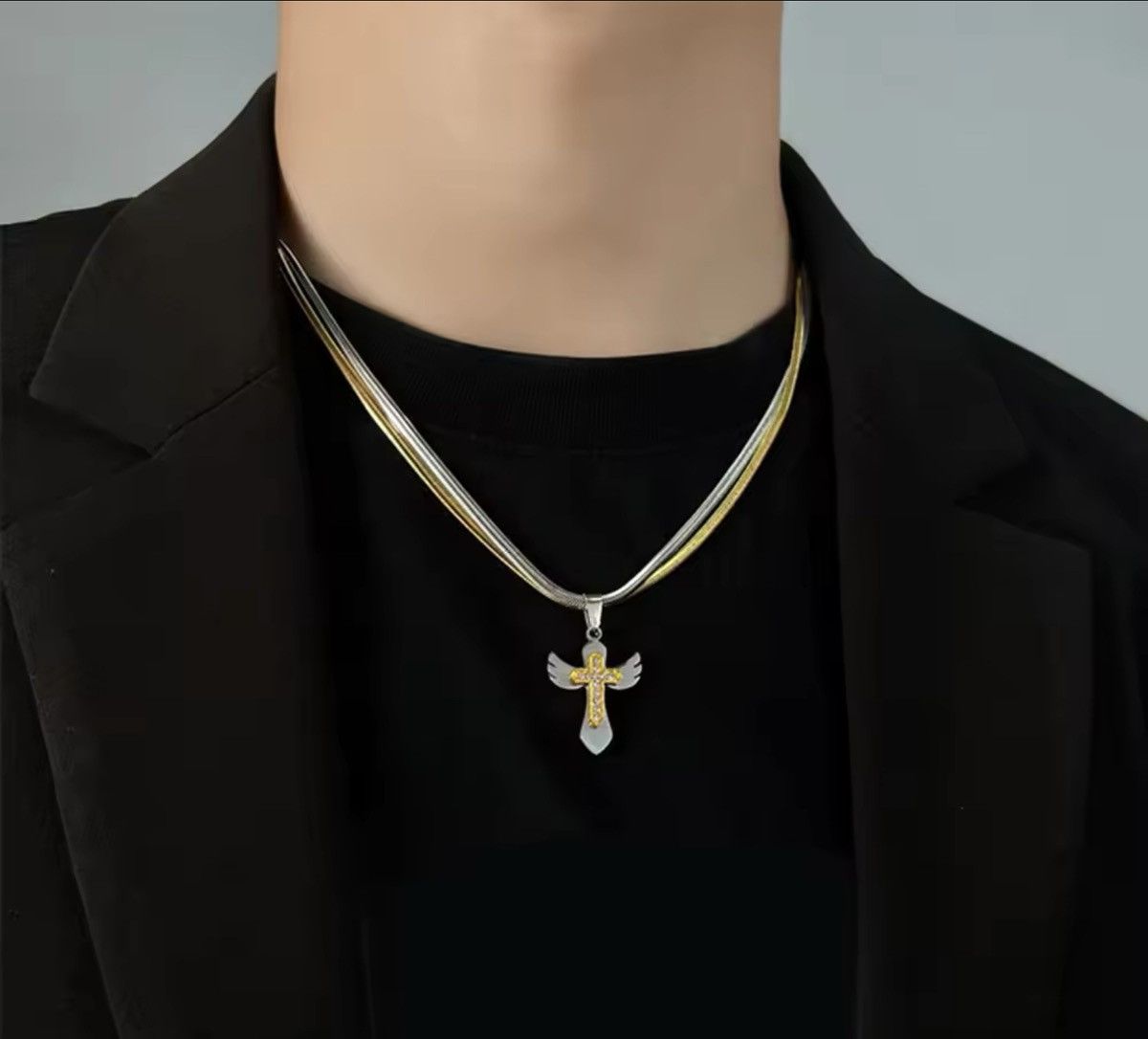 Jewelry Double Layered Wings Cross Pendant Necklaces Size ONE SIZE - 2 Thumbnail