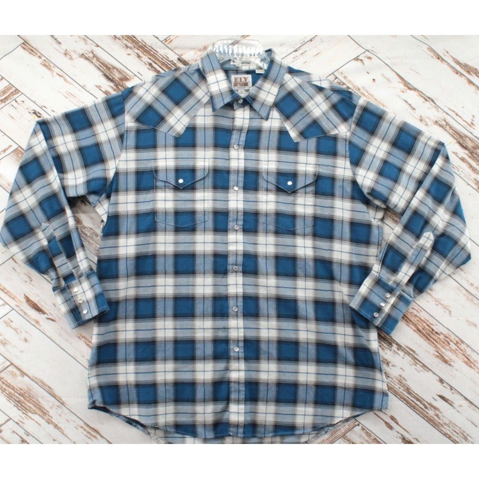 Vintage VTG Ely Cattleman Shirt Mens XL Blue White Plaid Western Pearl Snap Barrell Cuff Size US XL / EU 56 / 4 - 2 Thumbnail