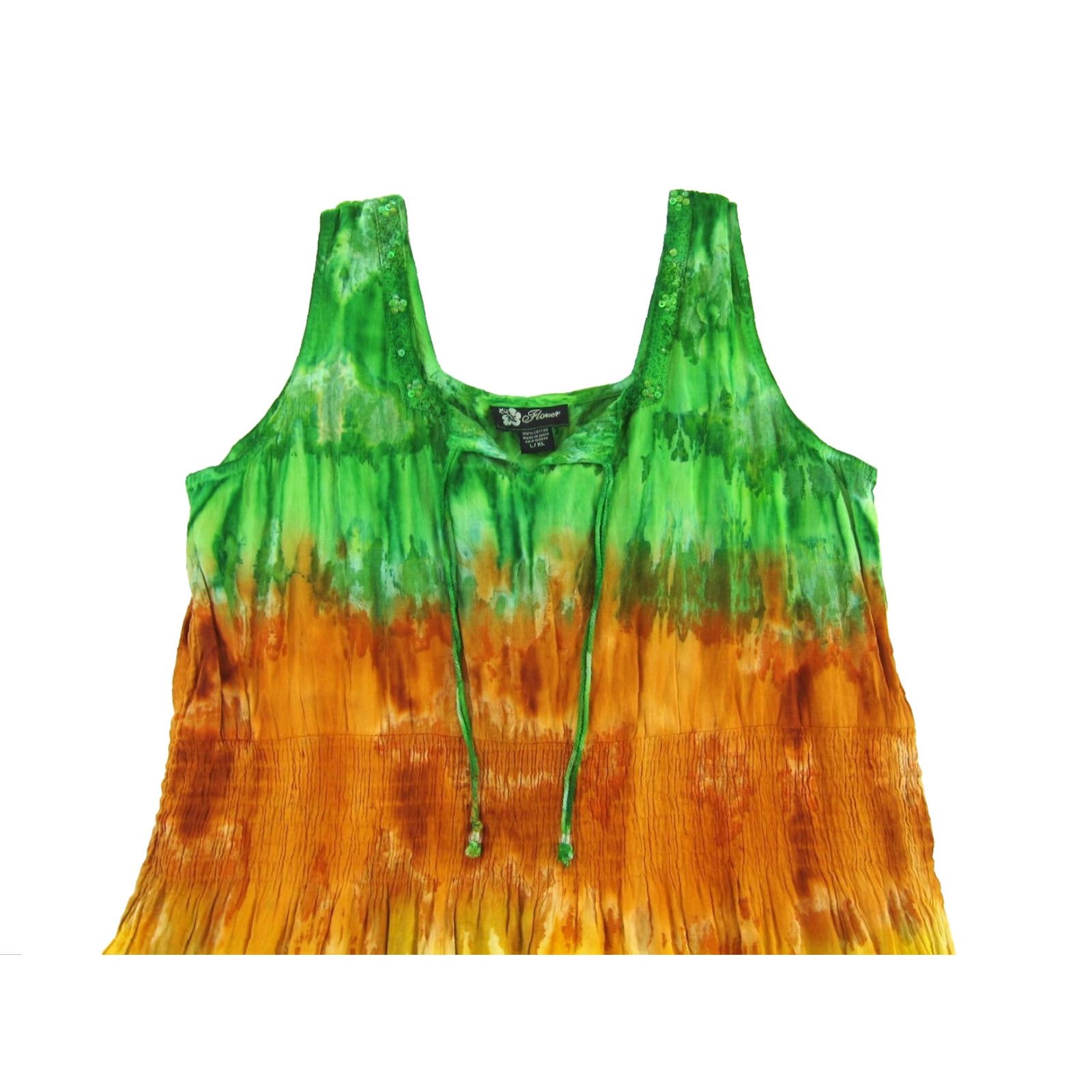 Sunflower VINTAGE FLOWER Dress Maxi Sundress L/XL 100% Cotton Tie Dye Green Yellow Orange Sleeveless Tank Sun Dress Lined Womens Maxi Dress Size L / US 10 / IT 46 - 3 Thumbnail