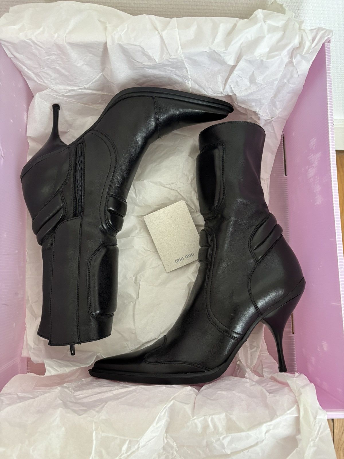 Miu Miu 00’s Vintage Miu Miu Black Padded Leather Biker Heel Boots Size US 7 / IT 37 - 15 Thumbnail
