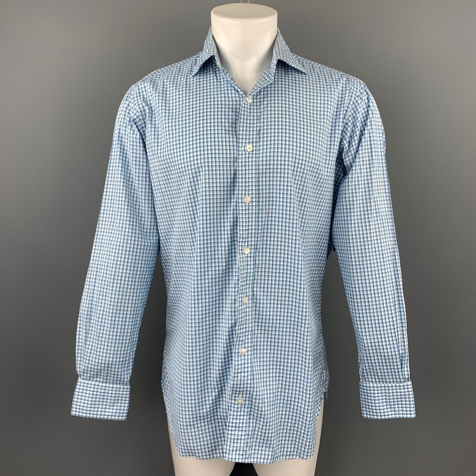 Hamilton Blue & Green Gingham Cotton Spread Collar Long Sleeve Shirt Size US S / EU 44-46 / 1 - 1 Thumbnail
