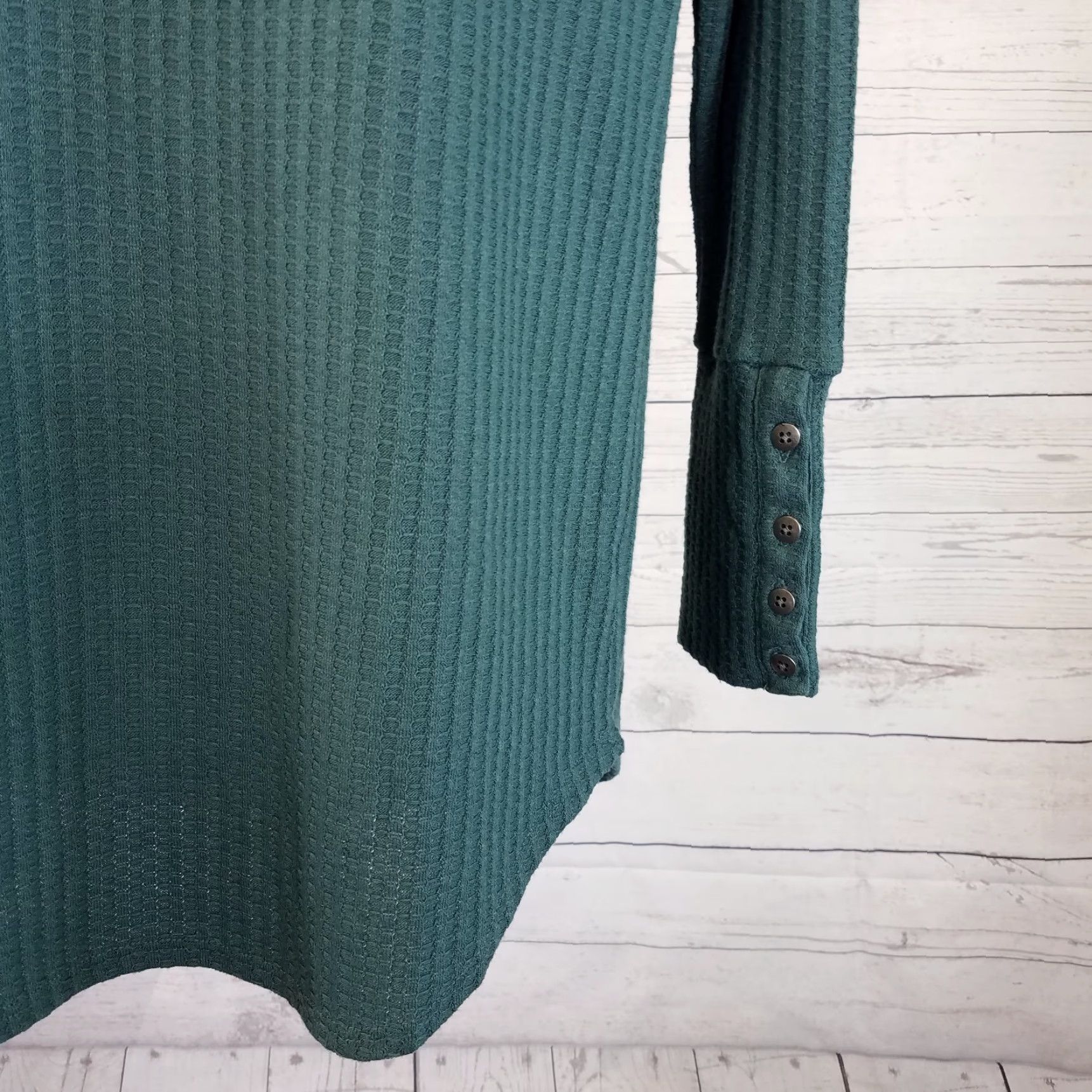 Vintage Chaser Women's Waffle Knit Top Blouse Long Sleeve Teal Green Size L Casual Thermal Knit Shirt Womens Size L / US 10 / IT 46 - 4 Thumbnail
