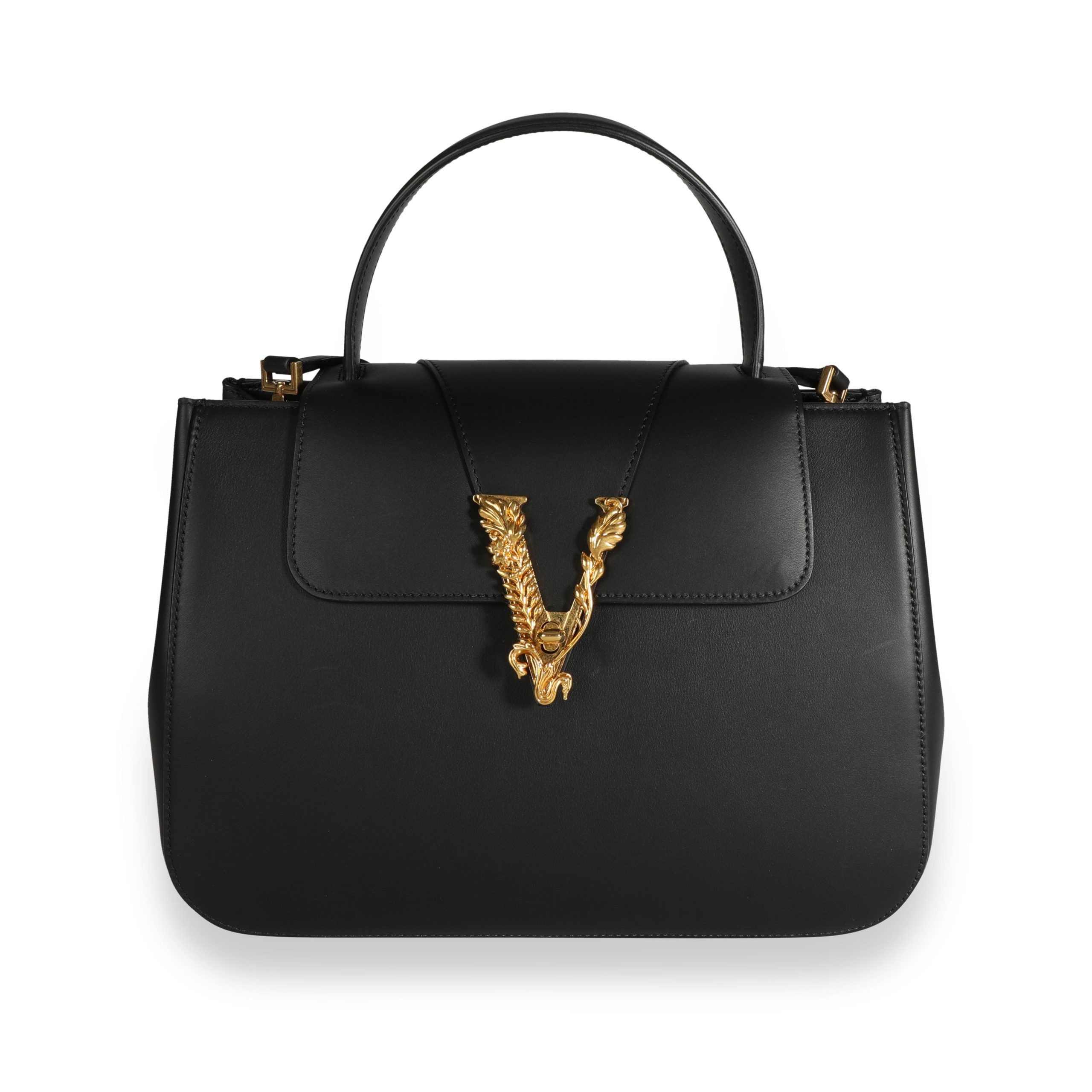 image of Versace Black Leather Virtus Top Handle Bag, Women's