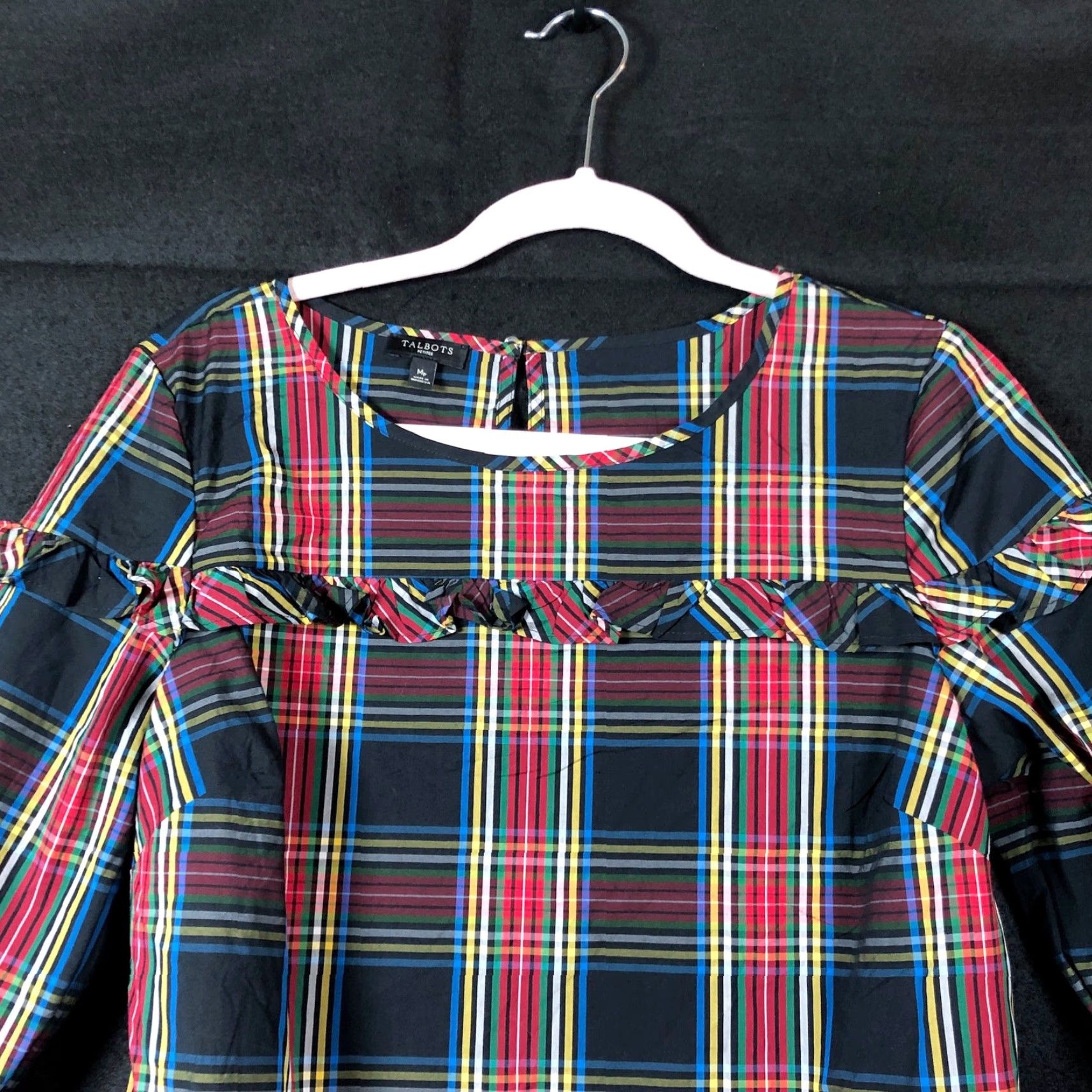 Talbots Talbots Womens Shirt Multicolored Plaid Petite Ruffle 3/4 Sleeve Stretch PM Size M / US 6-8 / IT 42-44 - 2 Thumbnail