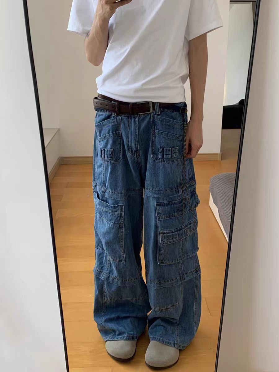 image of Washed Blue Multi-Pocket Baggy Jeans, Men's (Size 34)