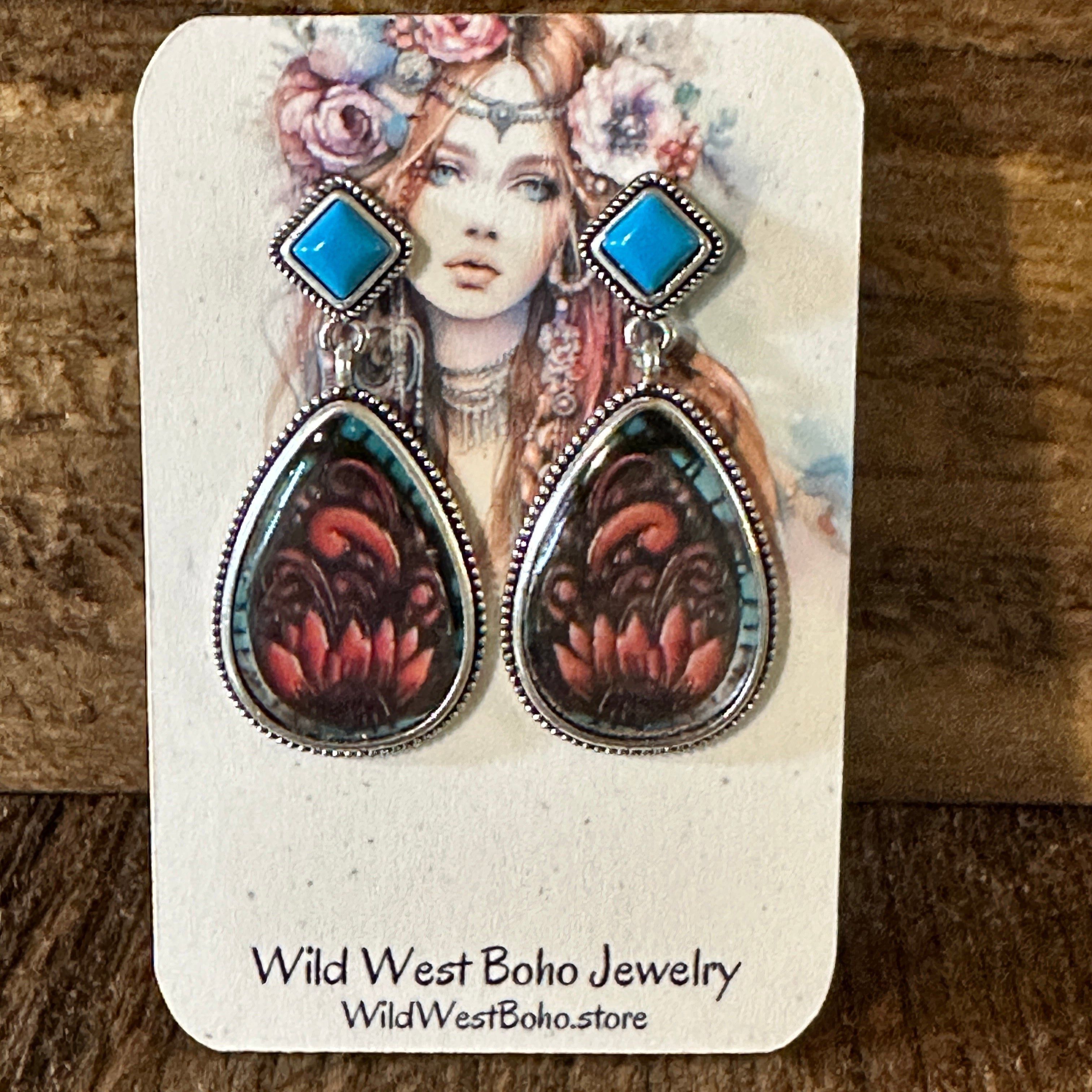 Other Vintage Droplet Shape Sunflower Print Dangle Earrings, Boho Size ONE SIZE - 1 Thumbnail