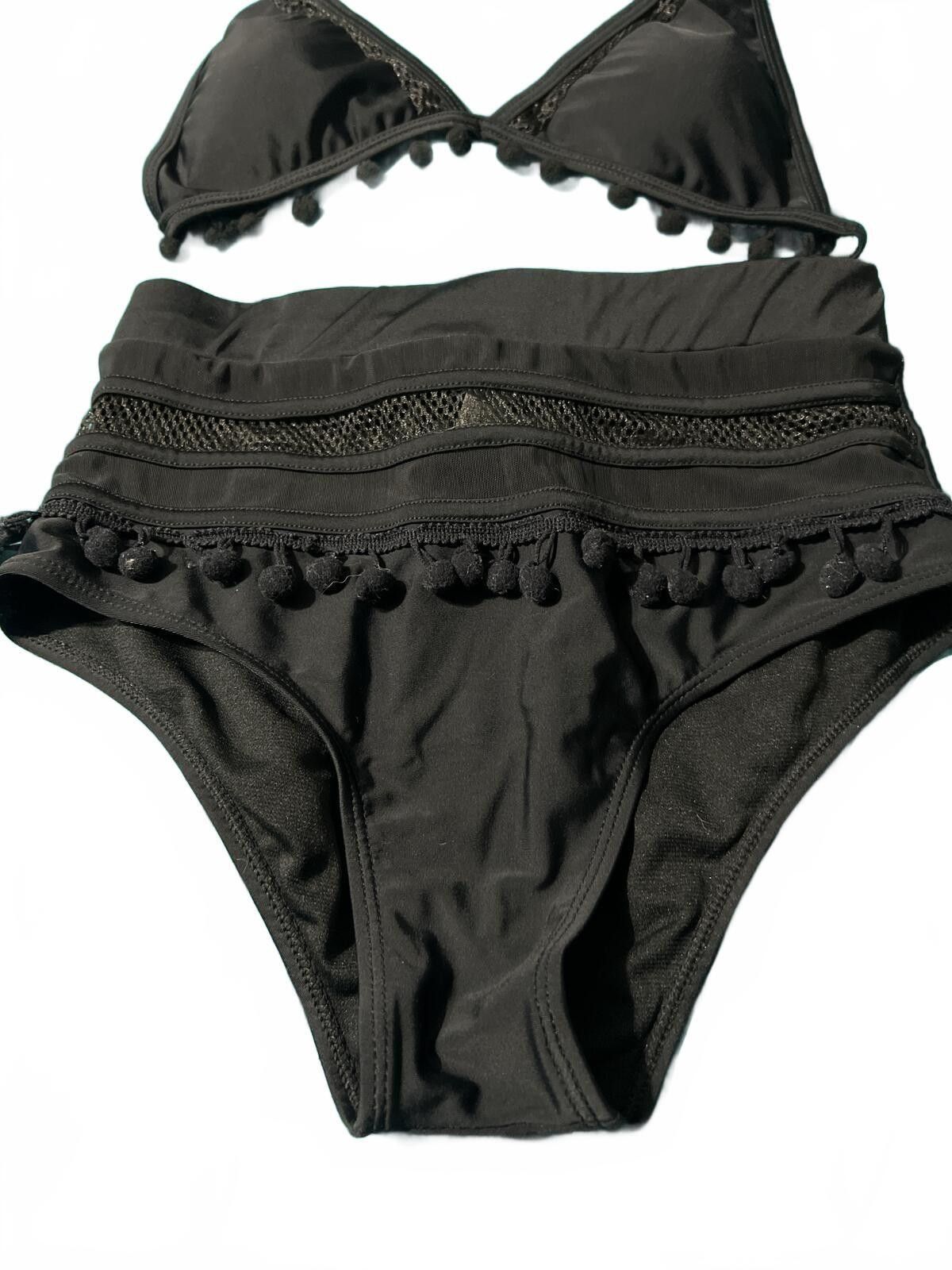 Unknown London Black Two-Piece High-Waisted Bikini Set with Pom Pom Trim Size ONE SIZE - 3 Thumbnail