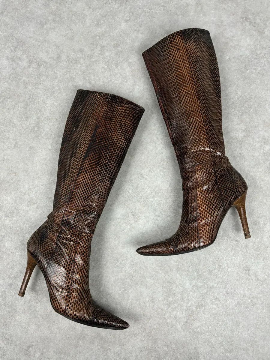 Dolce & Gabbana 2000s Dolce & Gabbana Brown Python Leather Knee-High Heeled Boots Size US 8 / IT 38 - 2 Thumbnail