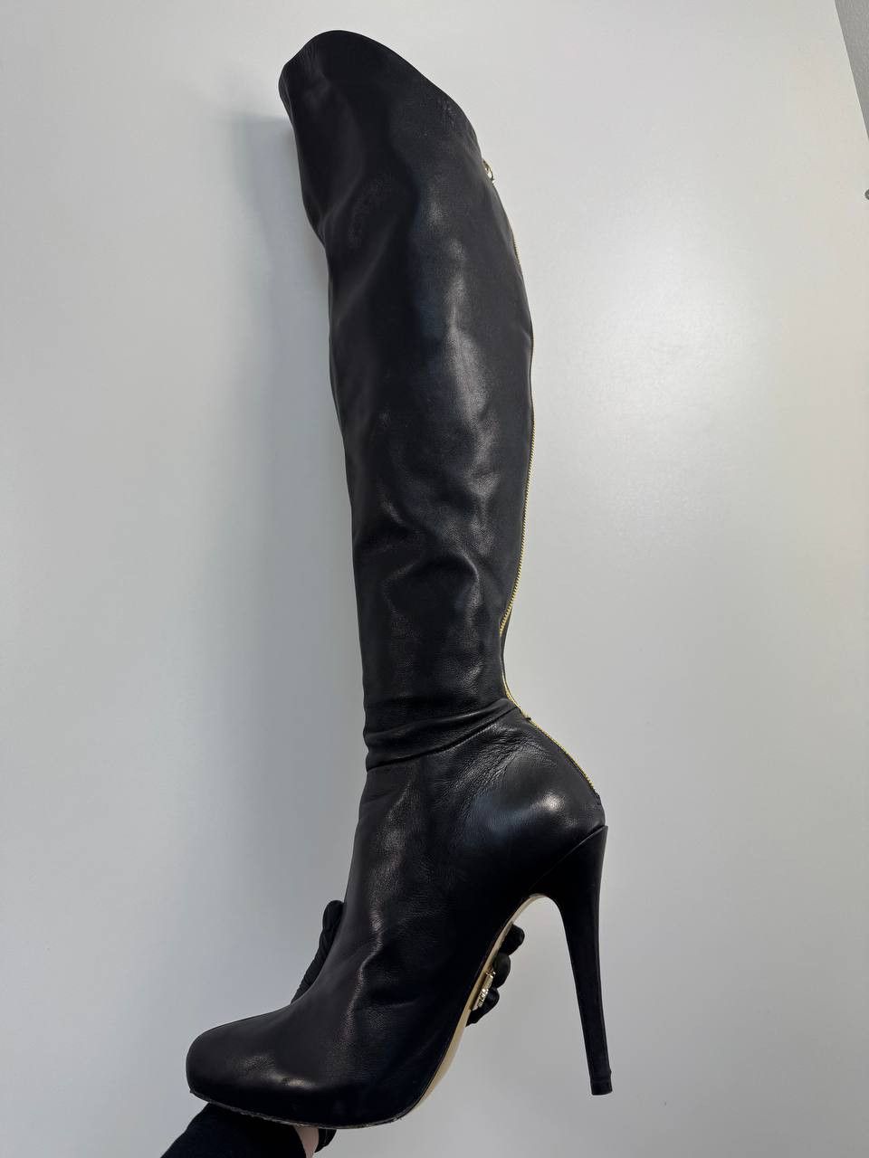 H&M A.R. H&M Black Leather Over Knee Thigh High Boots Gold EU40 Size US 9 / IT 39 - 3 Thumbnail