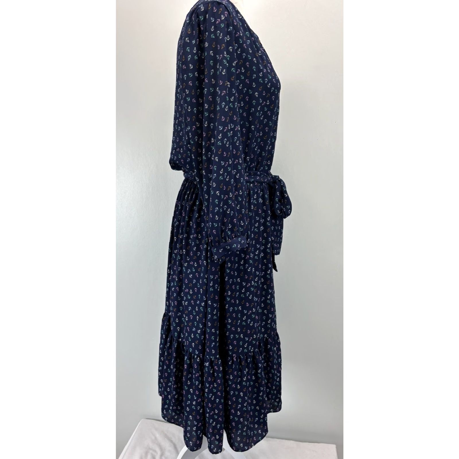 Talbots Talbots Midi Dress 10 Anchor Nautical Flounce Hem Split Neck Belted Casual Women Multicolor Polyester Blend Dress Length Midi Size L / US 10 / IT 46 - 4 Thumbnail