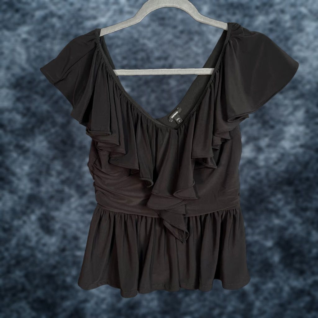 Express Express Top Shirt Womens XS Black Ruffle Peplum V-Neck Polyester Blend Blouse Size XS / US 0-2 / IT 36-38 - 1 Thumbnail