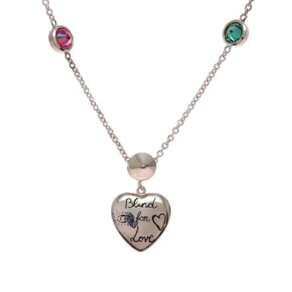 Gucci Sterling Silver Heart Necklace Pink Green