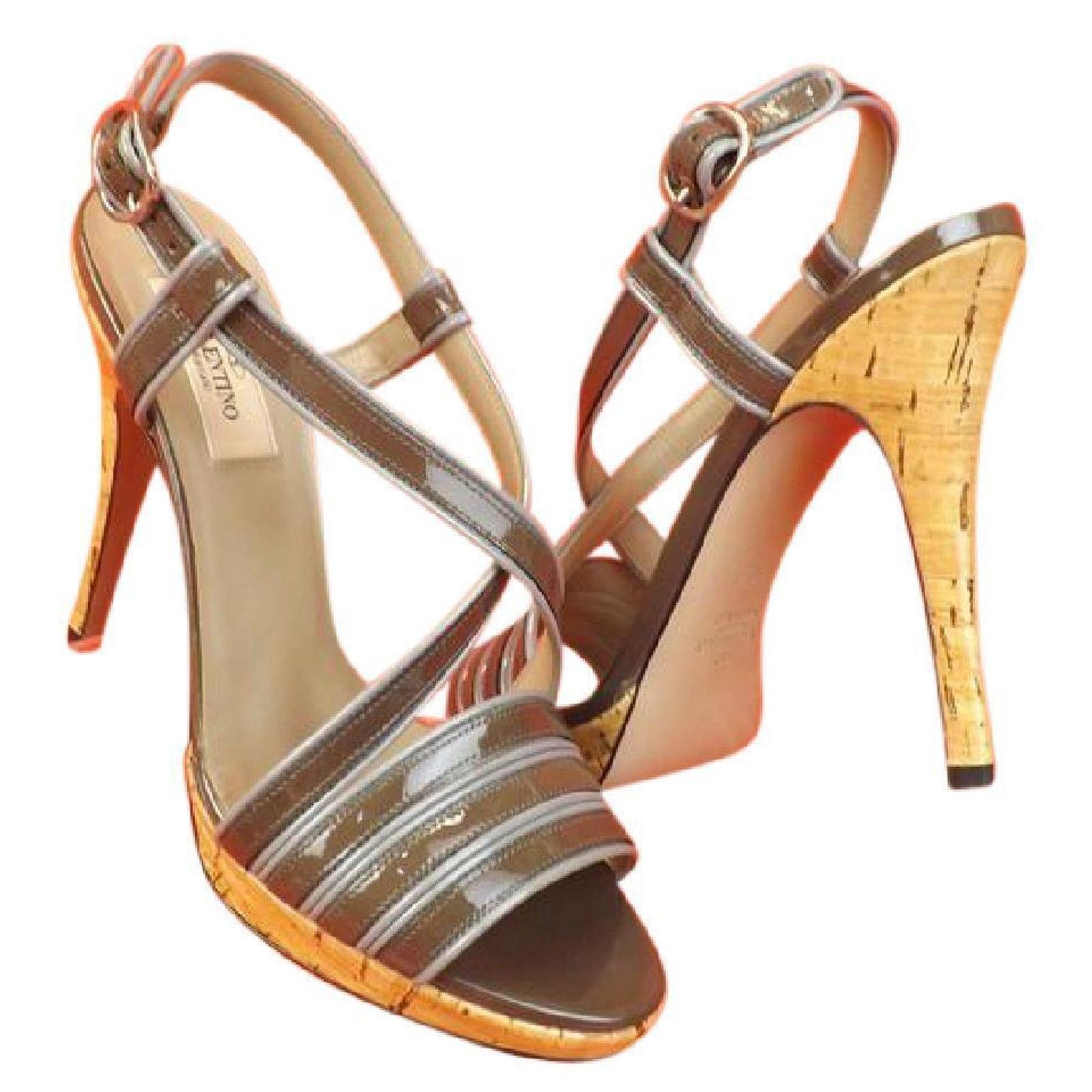 Valentino TAUPE GRAY STRAPPY PATENT LEATHER CORK SANDALS PUMPS 38.5 Size US 8.5 / IT 38.5 - 1 Thumbnail