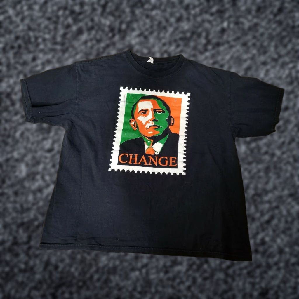 Jerzees VINTAGE Obama Change Postage Stamp Shirt Distressed Mens XL Black Crew Neck T-Shirt, Political Size US XL / EU 56 / 4 - 1 Thumbnail