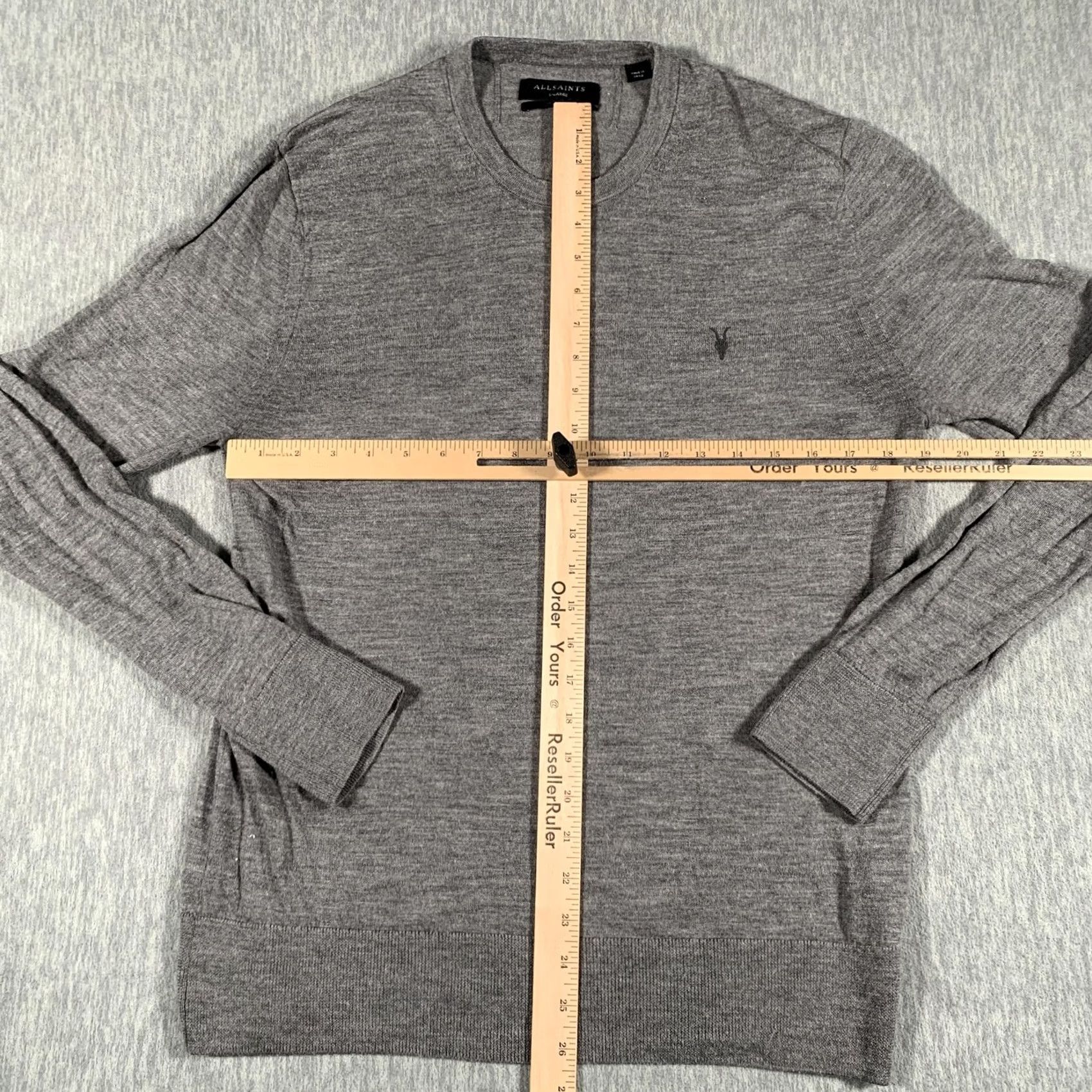 Allsaints VINTAGE? AllSaints Sweater Mens XL Gray 100% Merino Wool Crewneck Logo Knit Lightweight Ribbed Cuffs Hem Neckline Mens Size US XL / EU 56 / 4 - 7 Thumbnail