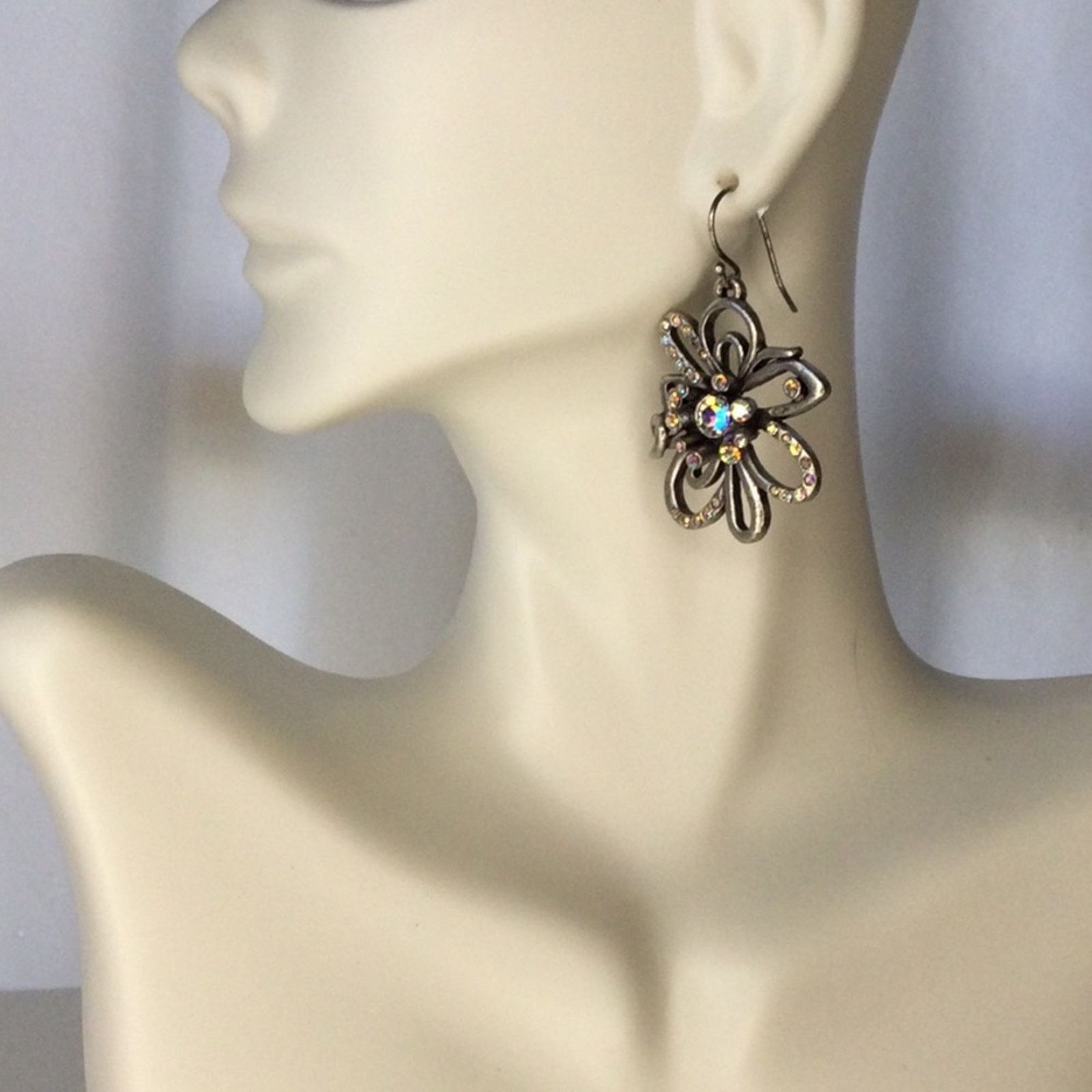 Chicos Chico's Silver & Rhinestone Floral Dangle Drop Earrings Size ONE SIZE - 8 Thumbnail