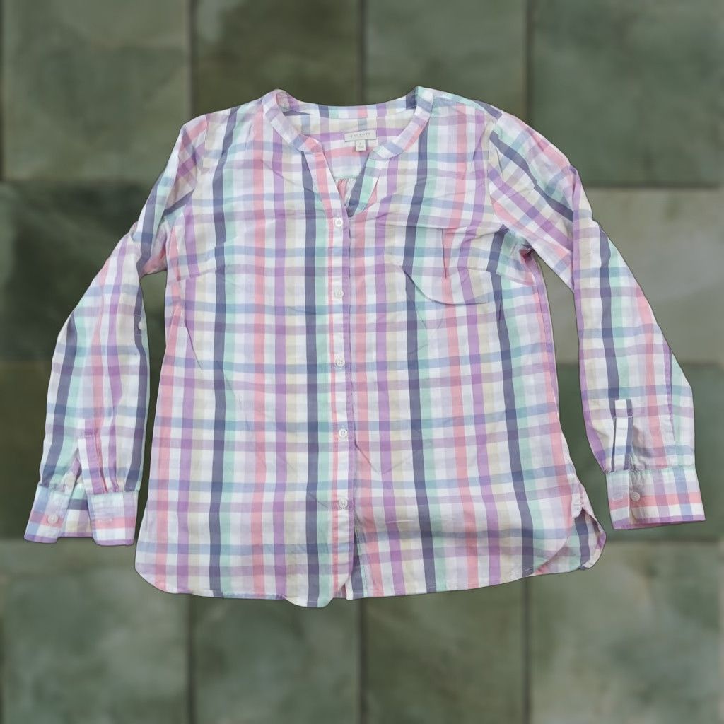 Talbots Talbots Women's Petite Small Plaid Long Sleeve Button Up Blouse Purple White Cotton Size S / US 4 / IT 40 - 1 Thumbnail