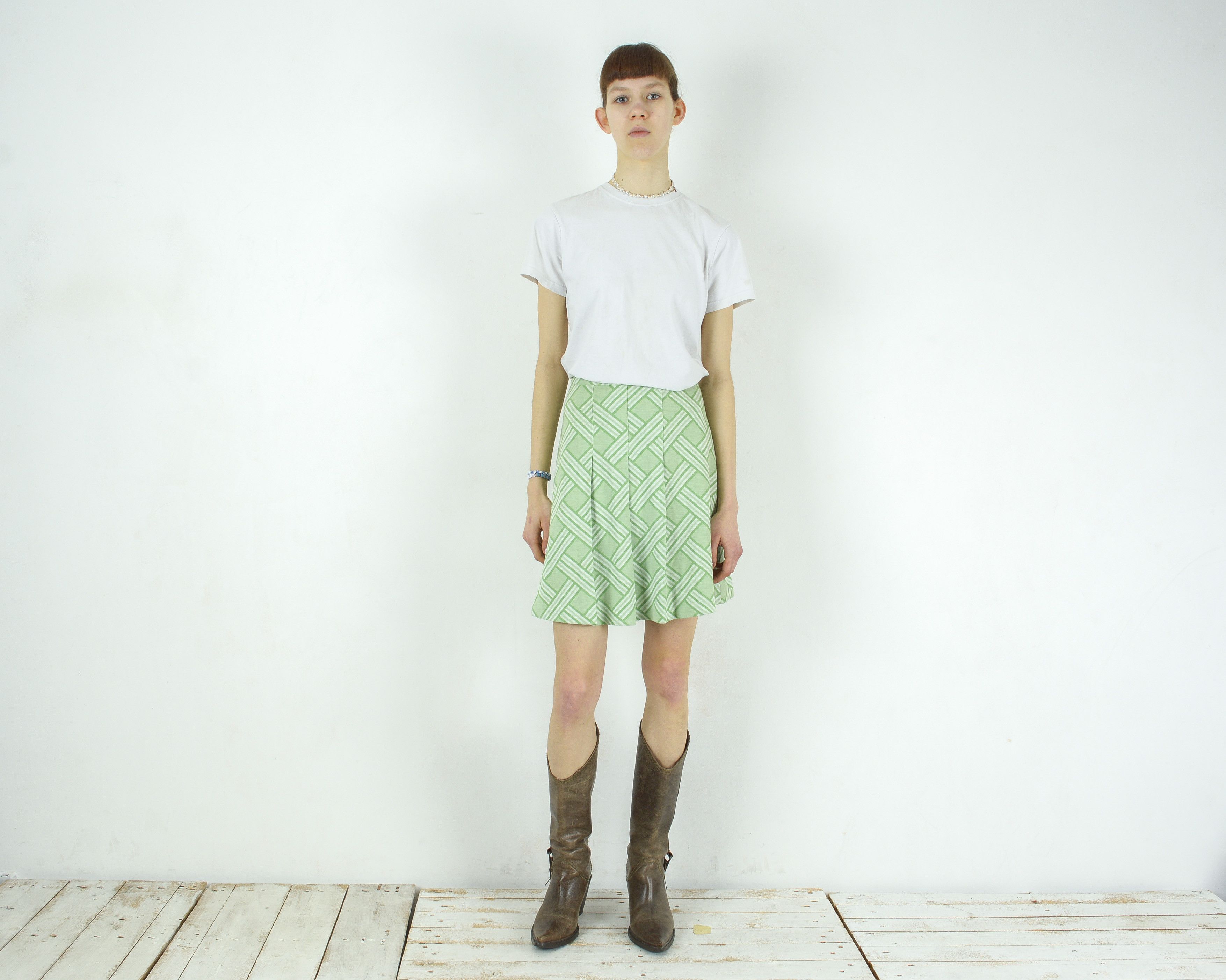 Other × Vintage Courtelle Jersey Summer Skirt Above The Knee Mini Pinstriped Size 26" / US 2 / IT 38 - 1 Thumbnail