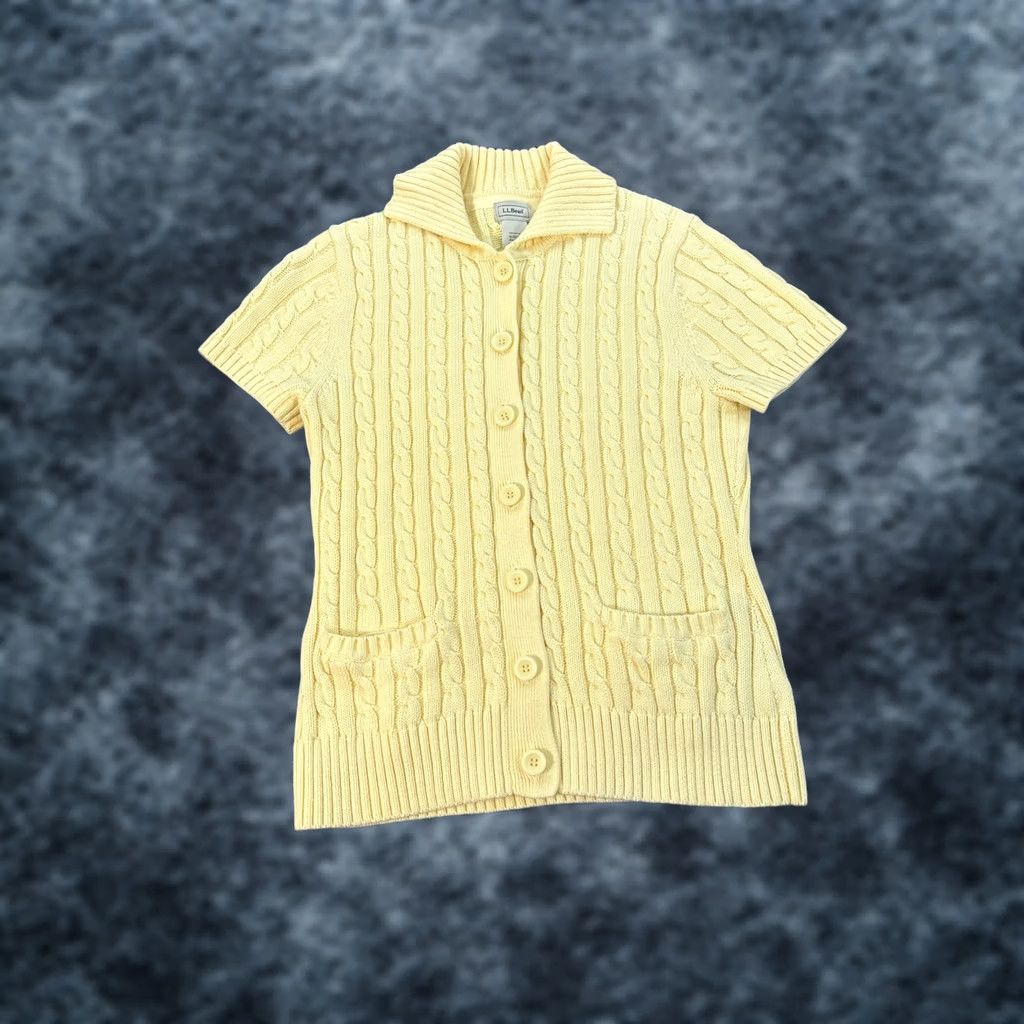 Vintage L.L. Bean Cardigan Sweater Womens Small Short Sleeve Cable Knit Chunky Yellow Y2K Size S / US 4 / IT 40 - 1 Thumbnail