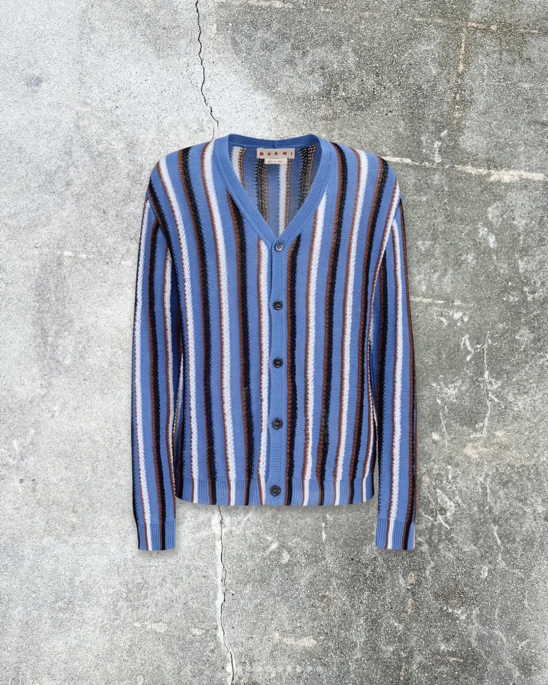 image of Marni Stripe-Pattern V-Neck Cotton Cardigan in Blue, Men's (Size XL)