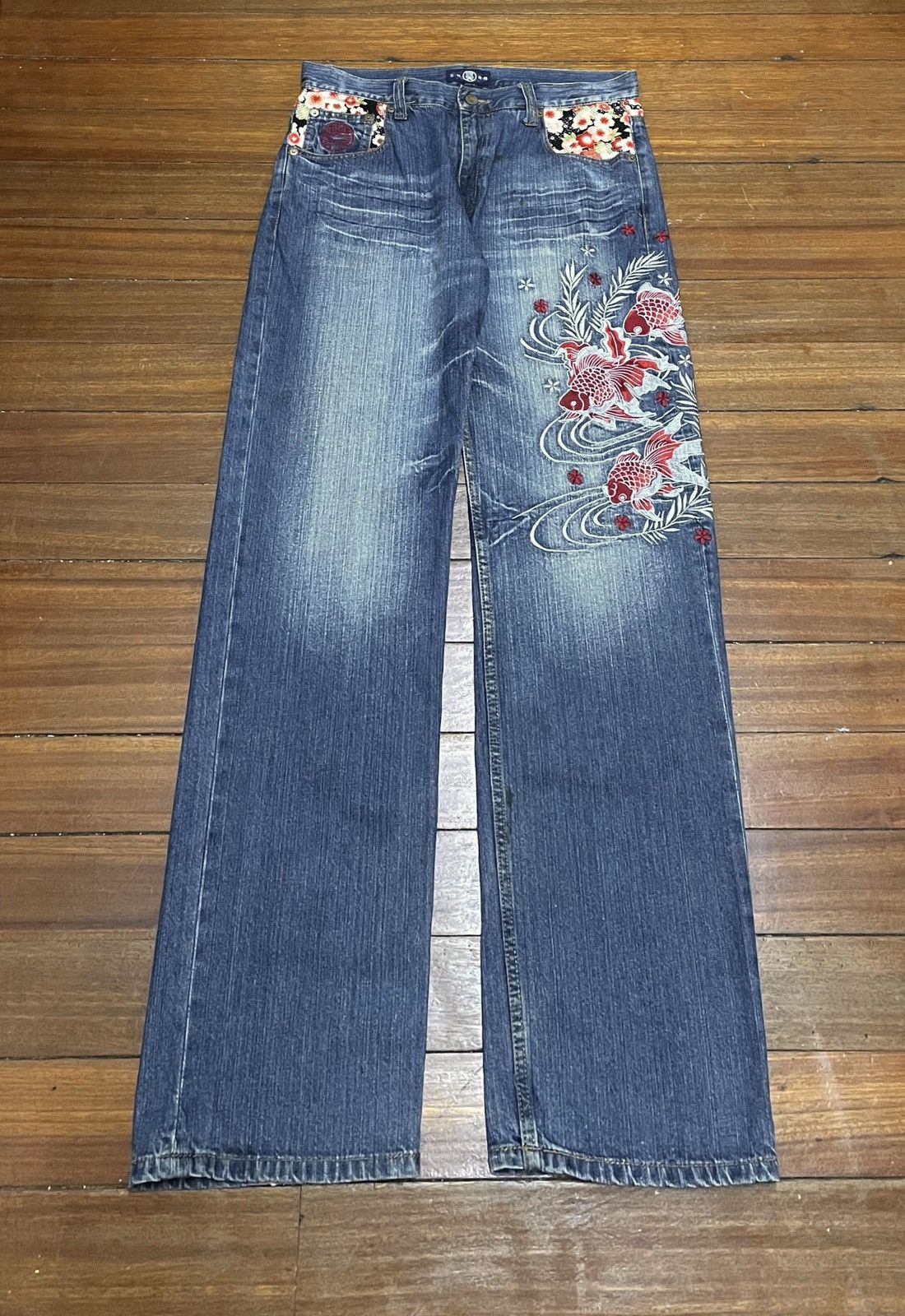 Le Grande Bleu (L.G.B.) Rare Vintage Japanese Brand Sukajan Koi Fish Jeans 1990s Size US 33 - 1 Thumbnail