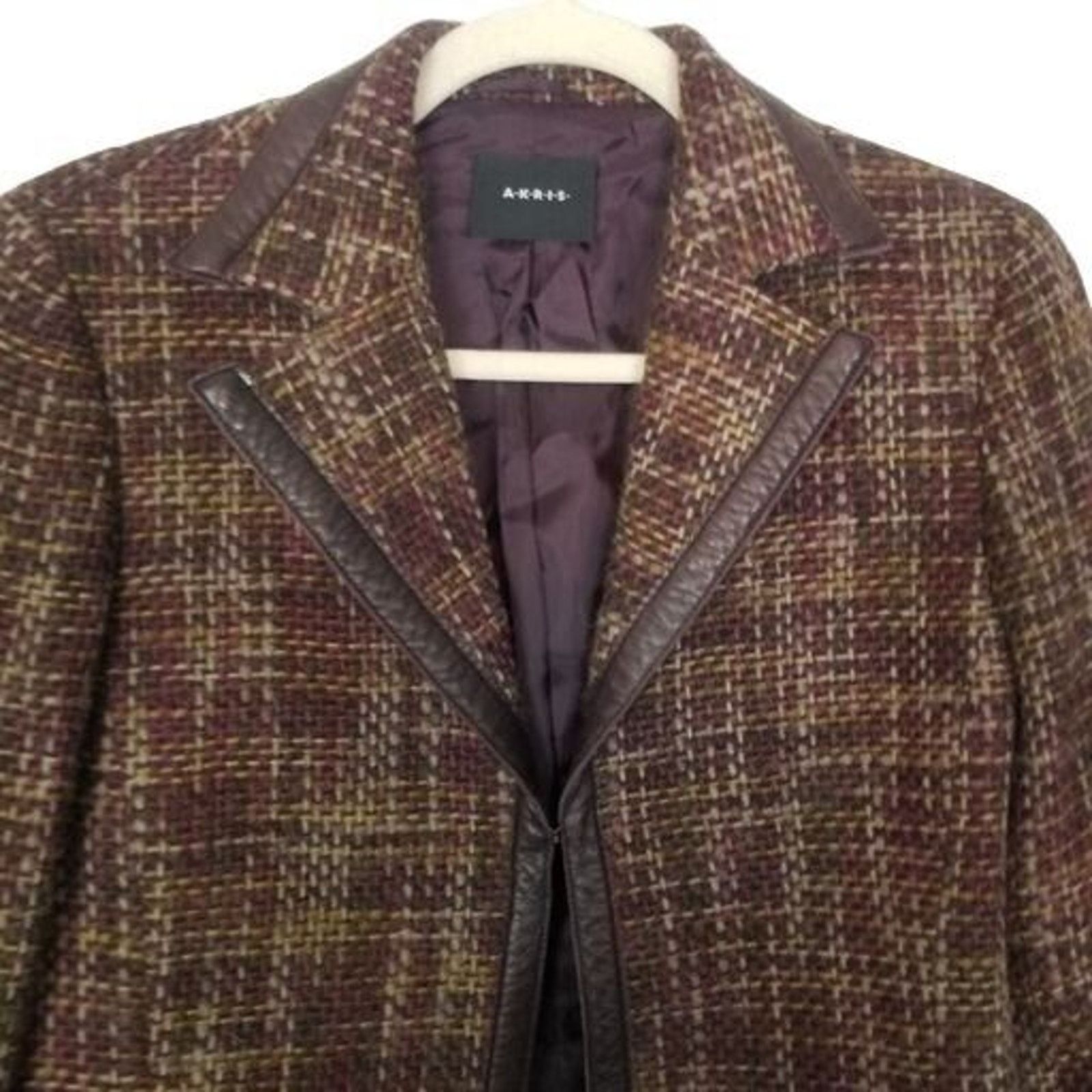 Akris Arkis Womens Wool Alpaca Tweed Blazer Size 8 Leather Trim Size M / US 6-8 / IT 42-44 - 2 Thumbnail