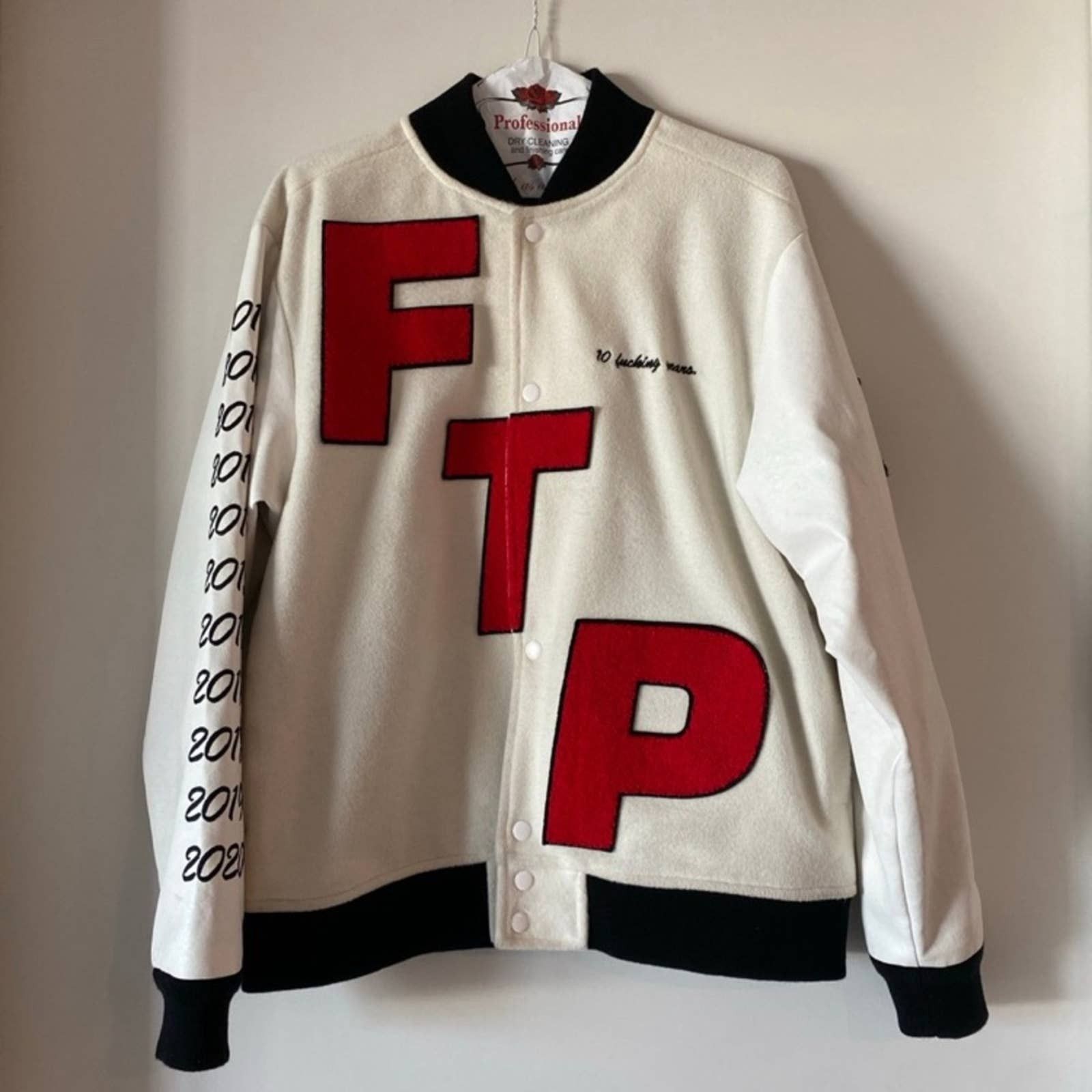 image of Fuck The Population Ftp 10 Fk’N Years Letterman Jacket in Red, Men's (Size Small)