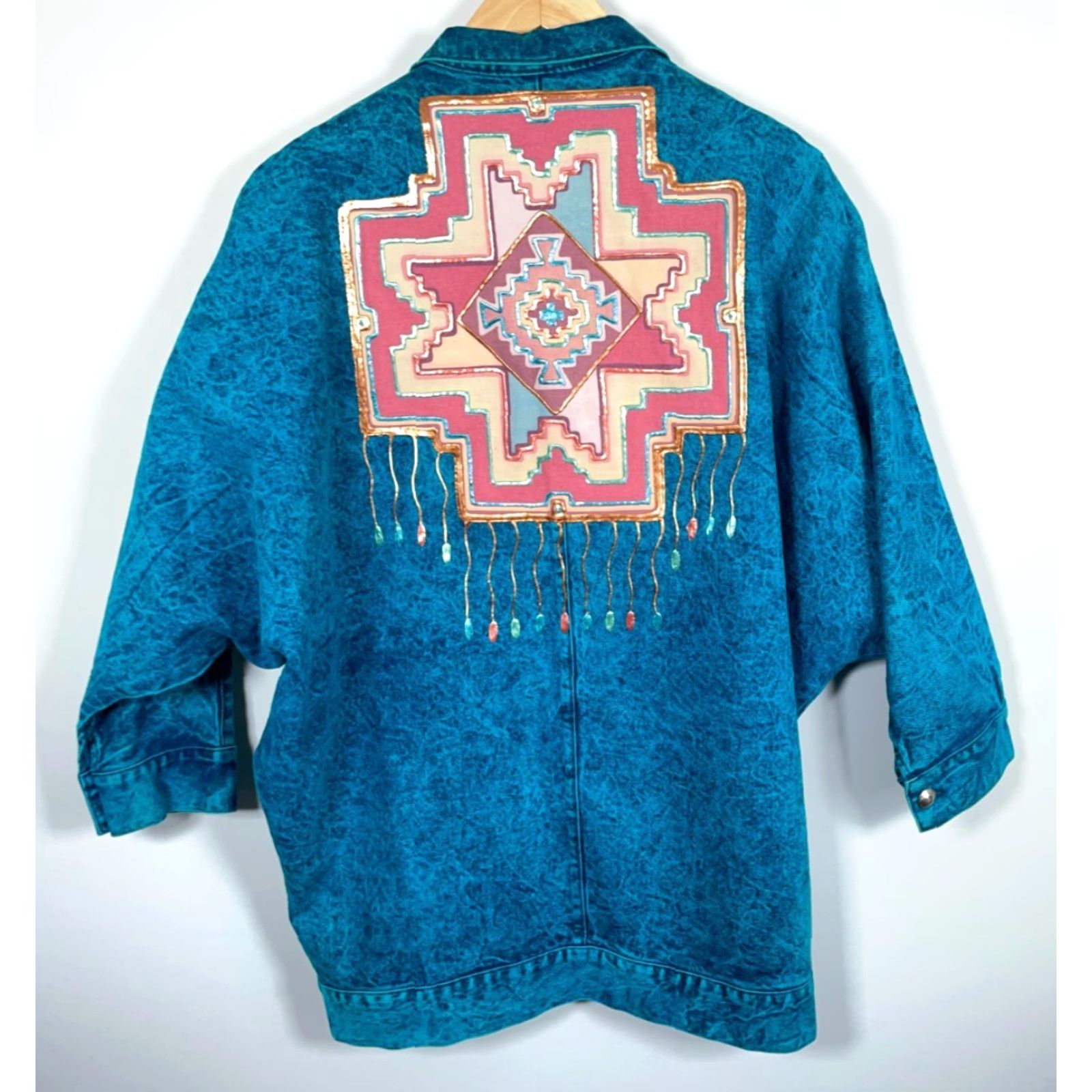 Vintage Sundance Jacket Woman Large Open Front Denim Acid Wash Teal Tribal Geometric 90s Vintage KimonoStyle Oversized Pockets Size L / US 10 / IT 46 - 2 Thumbnail