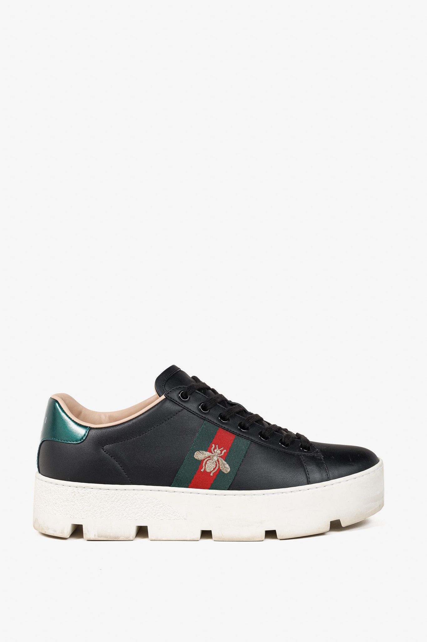 Gucci Gucci Ace Web Gold Bee Black Leather White Platform Sneaker Size US 9.5 / IT 39.5 - 1 Thumbnail