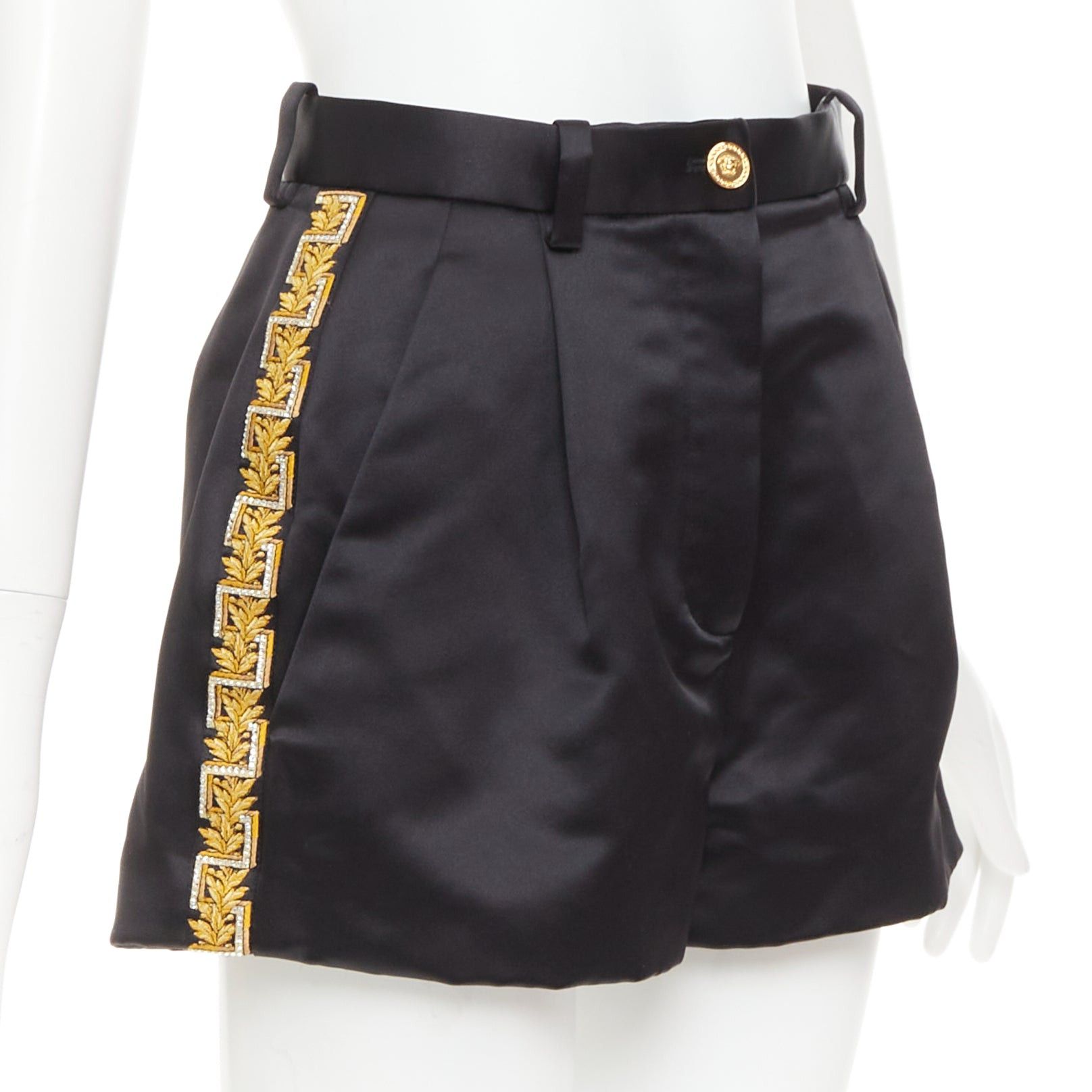 Versace VERSACE black gold Greca embroidered crystal trim mini short shorts IT40 S Size 27" / US 4 / IT 40 - 1 Thumbnail