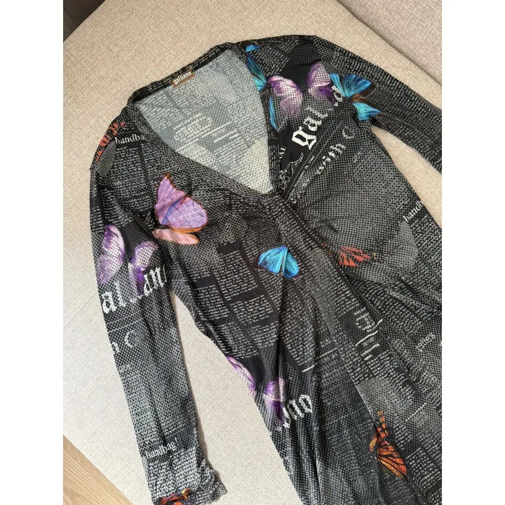 John Galliano Butterfly Print Newspaper Mesh Dress Size FR36