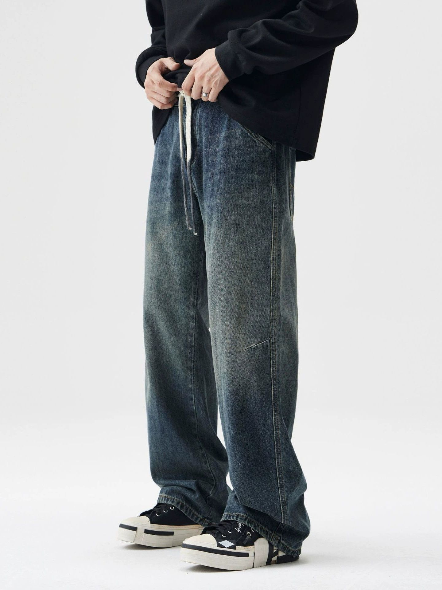 Jean Japanese trendy workwear straight wide-leg drawstring jeans Size US 32 / EU 48 - 3 Thumbnail