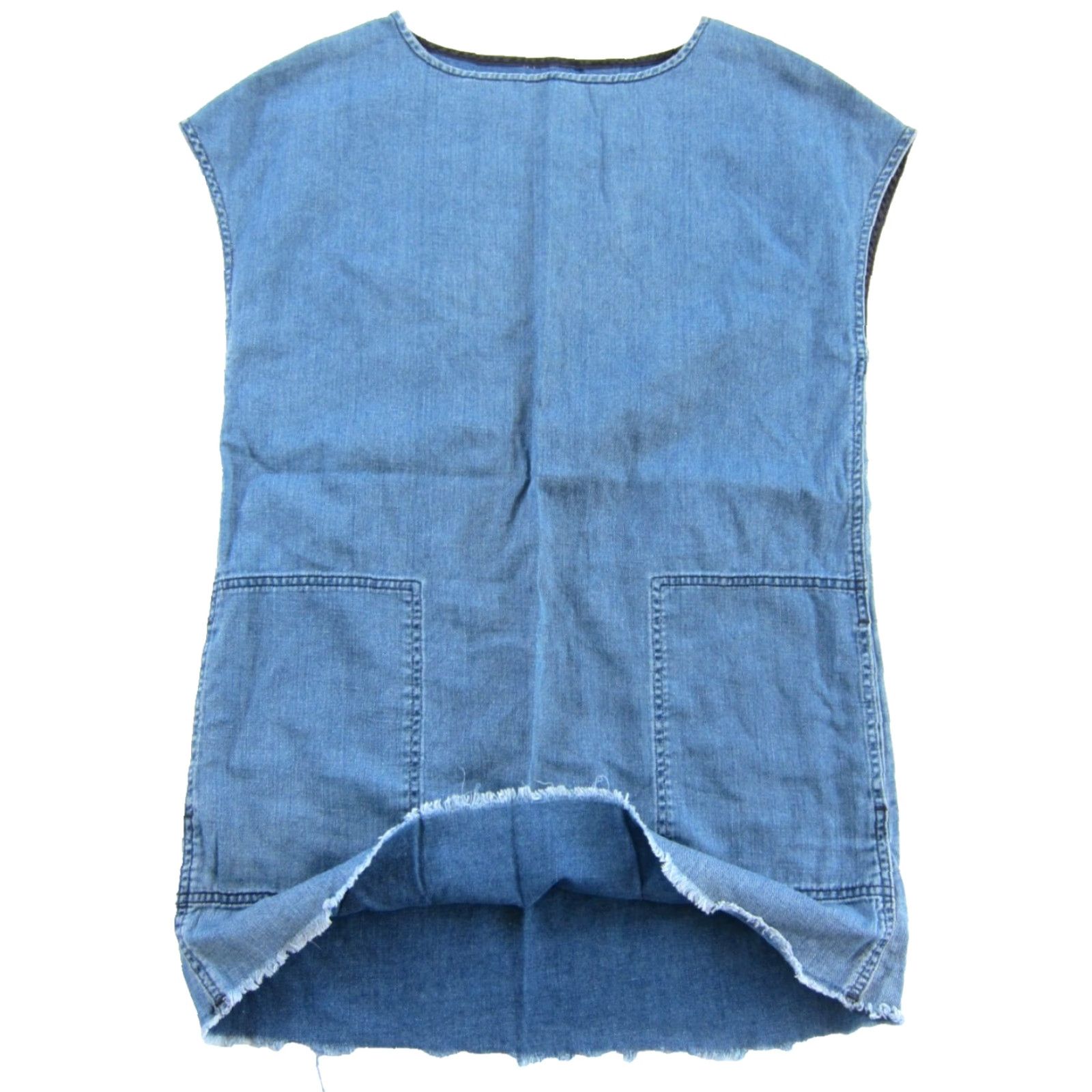 Vintage Wilfred Free Blue Denim Jean Cap Sleeve Pocket Raw Edge Mini Dress Medium Size 32" / US 10 / IT 46 - 5 Thumbnail