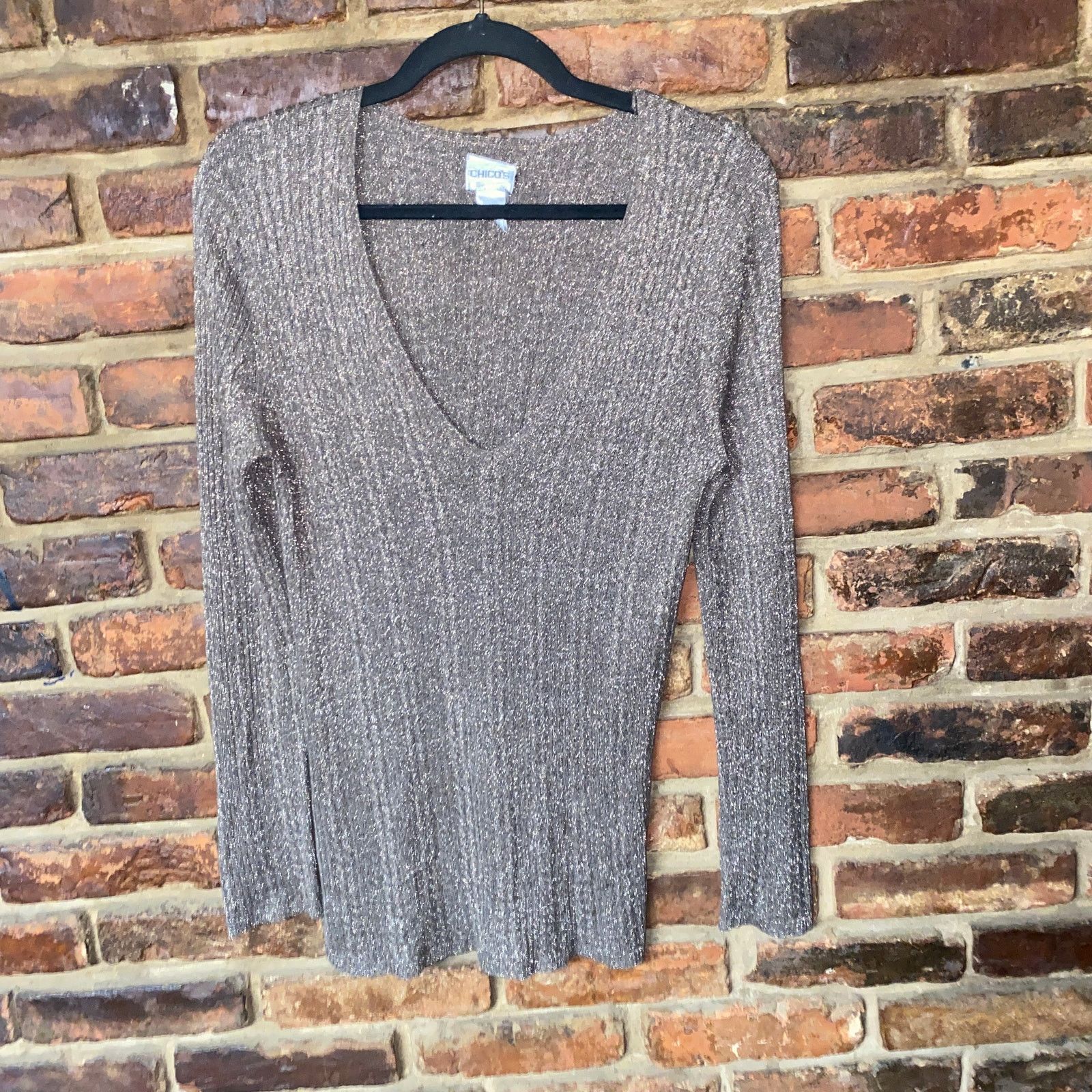 Chicos Chico's Brown Gold Metallic V-Neck Knit Sweater 1 Medium Size M / US 6-8 / IT 42-44 - 1 Thumbnail