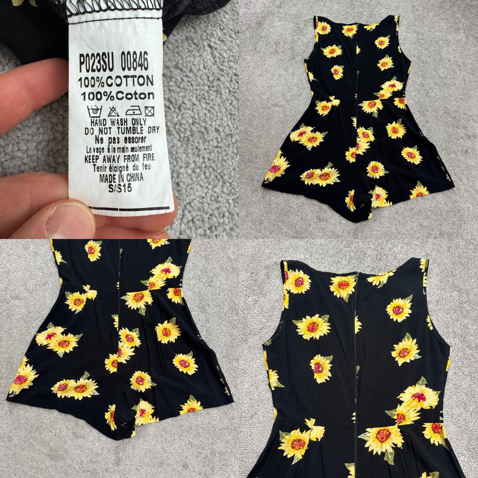 Vintage AX Paris Romper Womens 10 Black Yellow Floral Sleeveless 100% Cotton Boho Summer Size 32" / US 10 / IT 46 - 8 Thumbnail