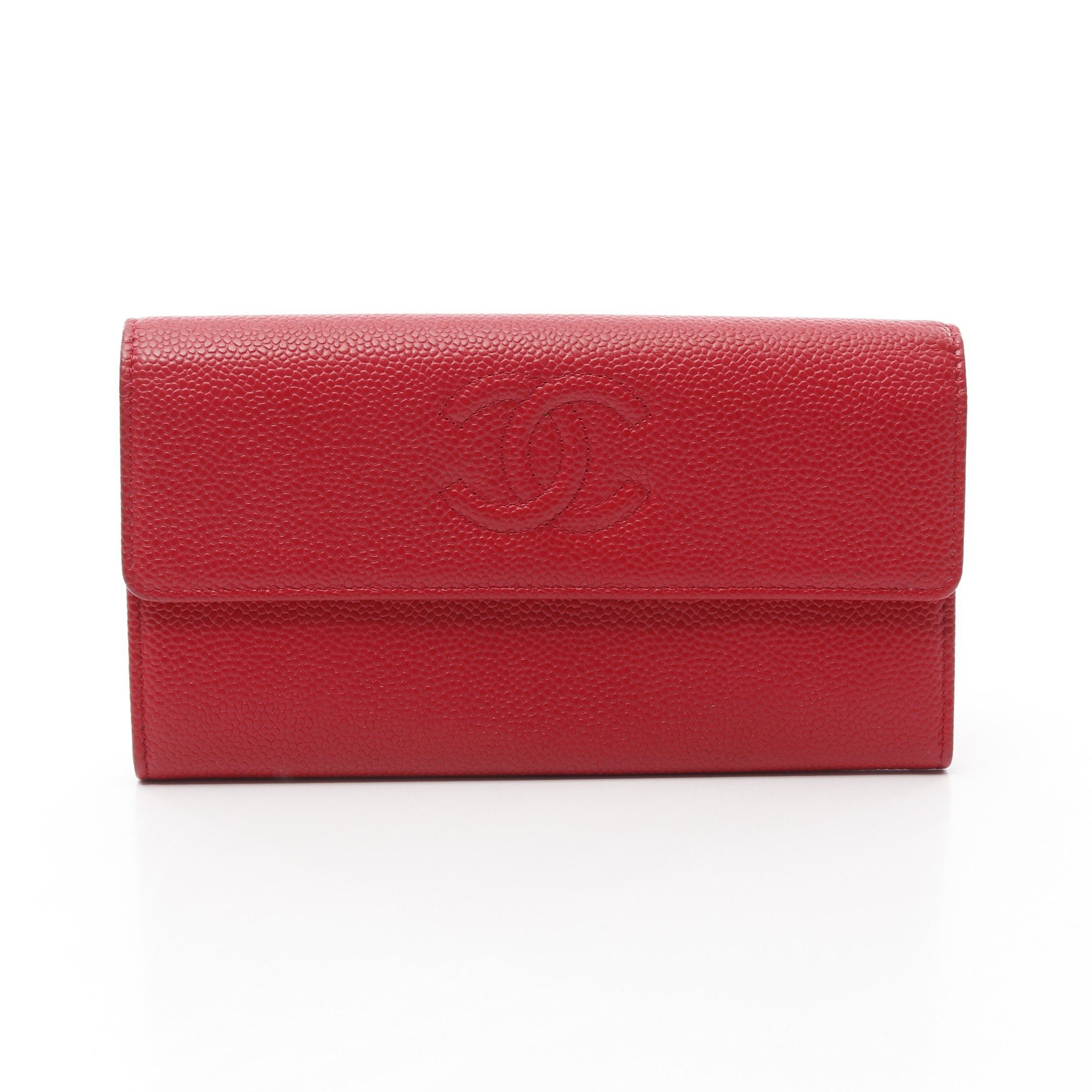 Chanel Chanel Coco Mark Bi-Fold Long Wallet Caviar Skin Red Silver Hardware Size ONE SIZE - 1 Thumbnail
