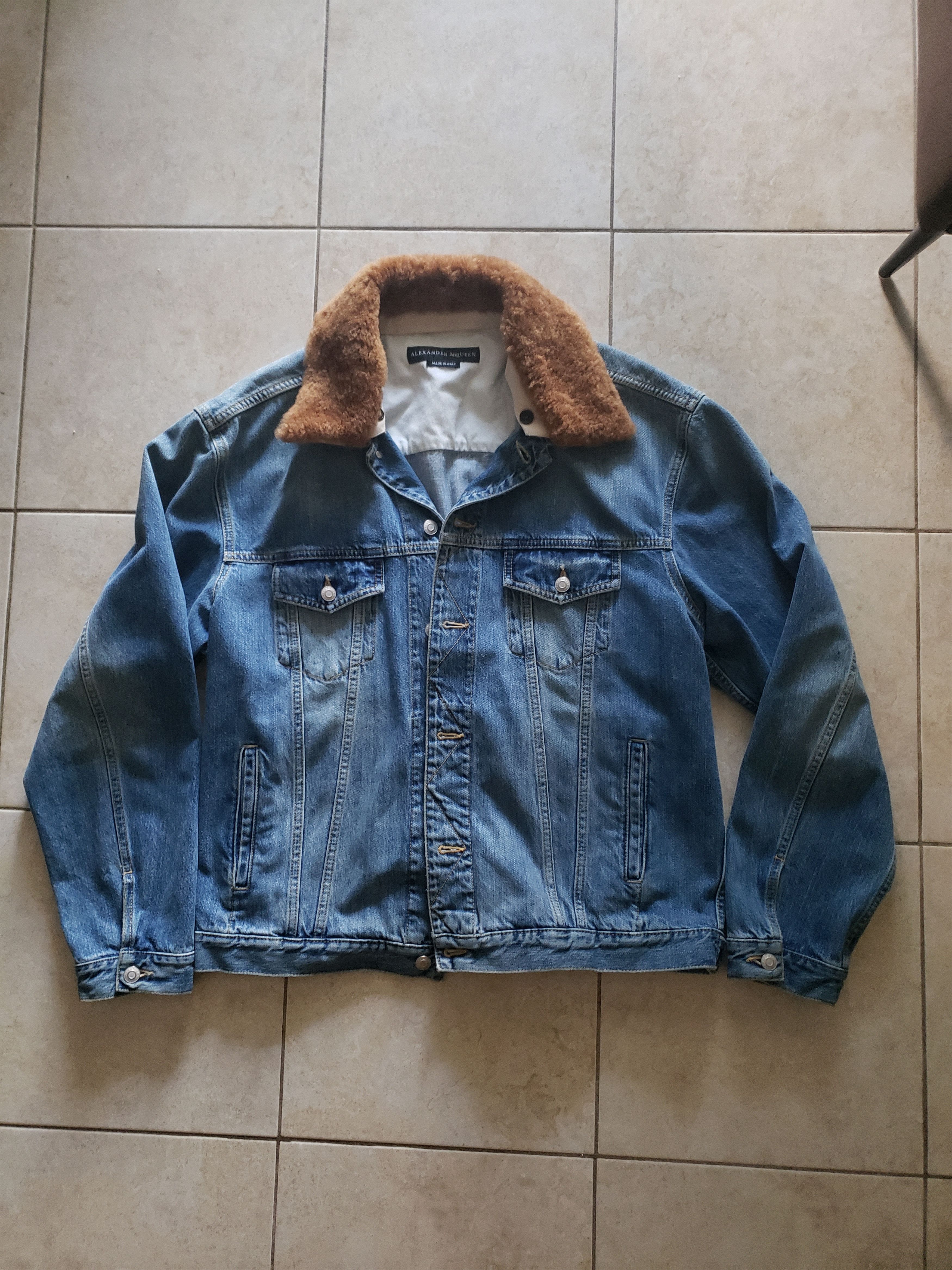 image of Alexander Mcqueen Shearling Collar Embroidered Denim Jacket in Mid Indigo, Men's (Size Large)