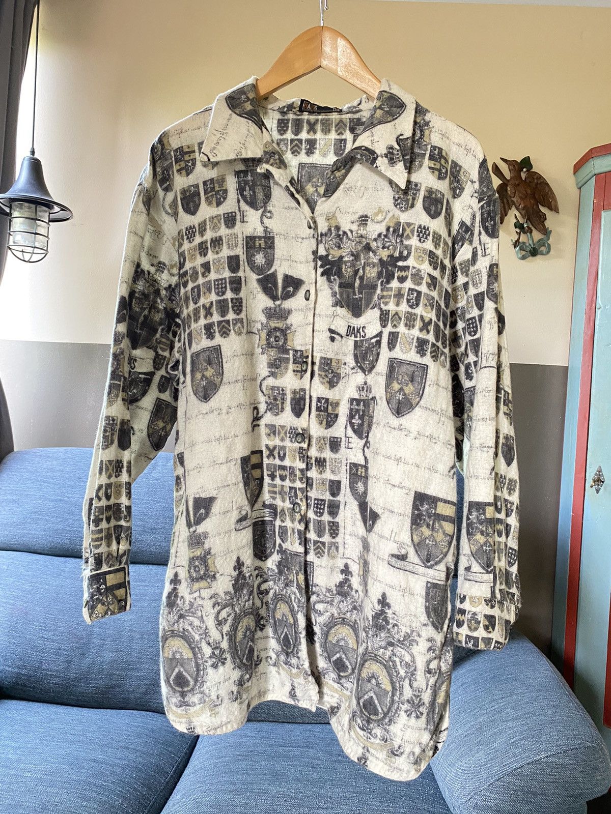 DAKS DAKS Gray Printed Wool Shirt Size L / US 10 / IT 46 - 1 Thumbnail