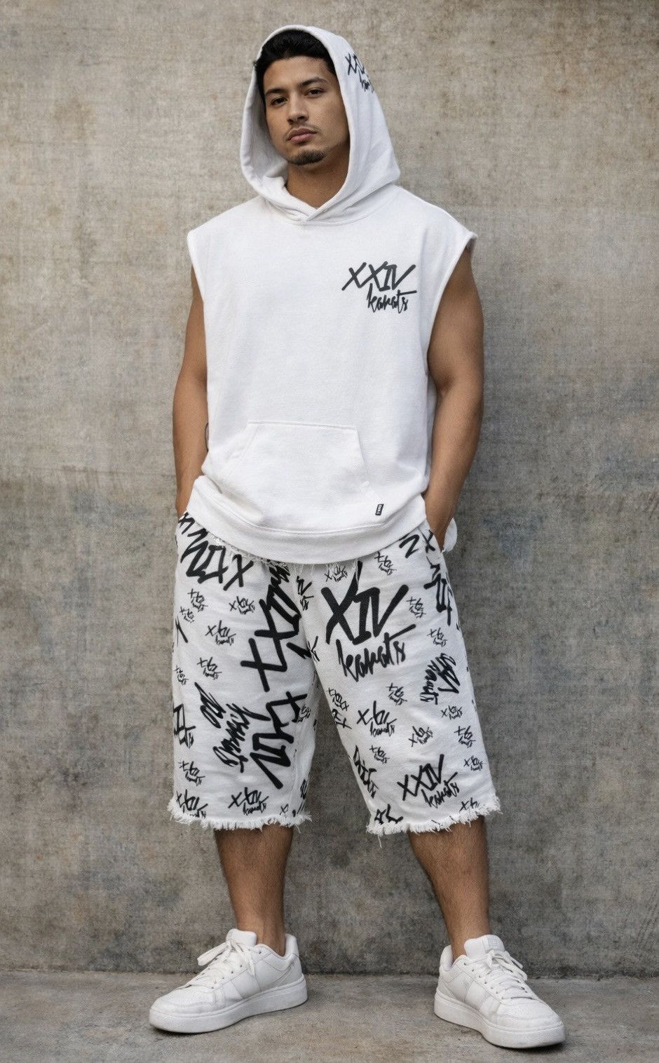 Japanese Brand 24 Karats Hoodie Set White Tribal Streetwear Shorts Set Size US L / EU 52-54 / 3 - 1 Thumbnail