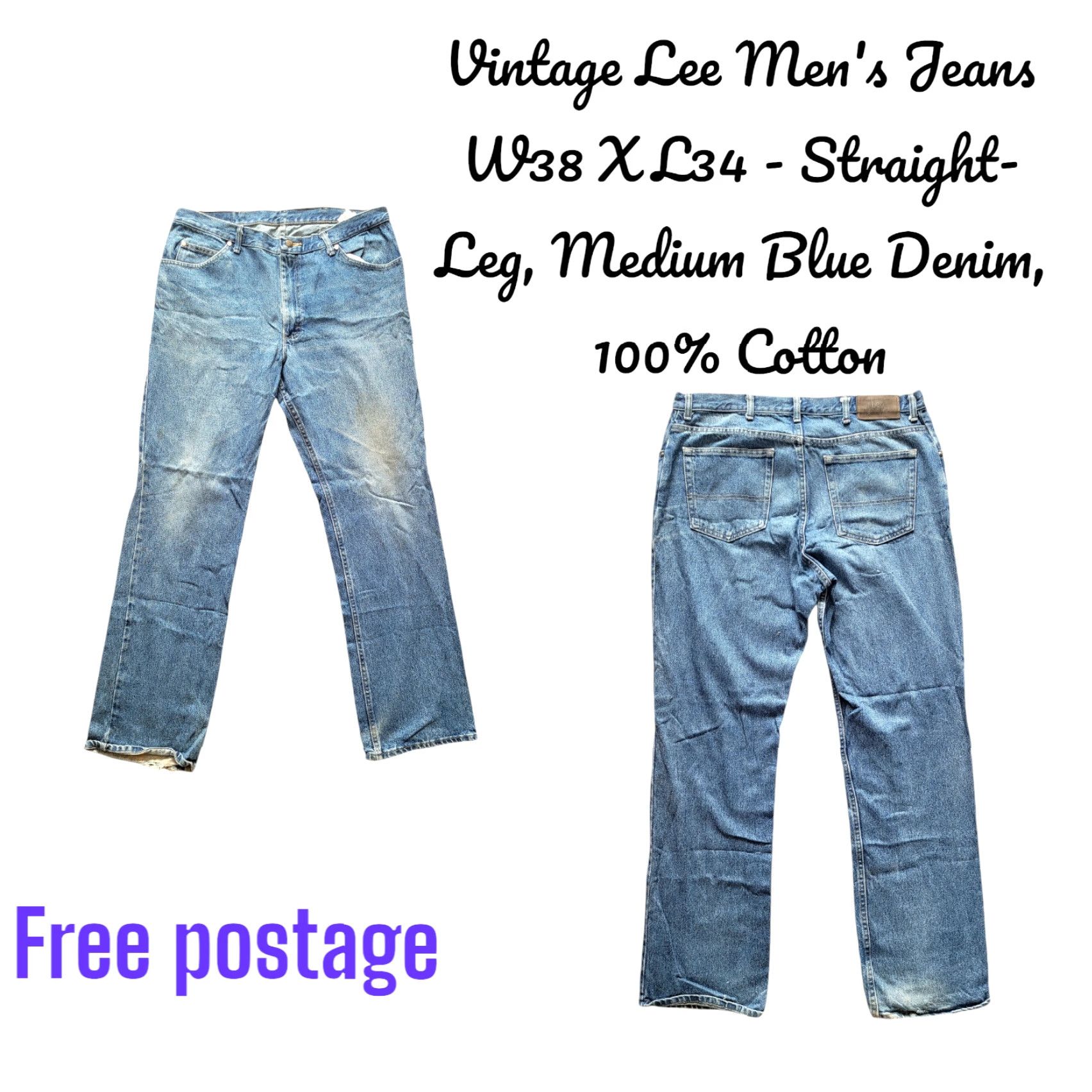 Lee VINTAGE Lee Jeans - Main Brand Lee - Jeans - W38 L34 - Straight-Leg - Medium Blue - Cotton - 5-Pocket - Denim - Regular - Unisex Adults - Vintage Size US 38 / EU 54 - 2 Thumbnail
